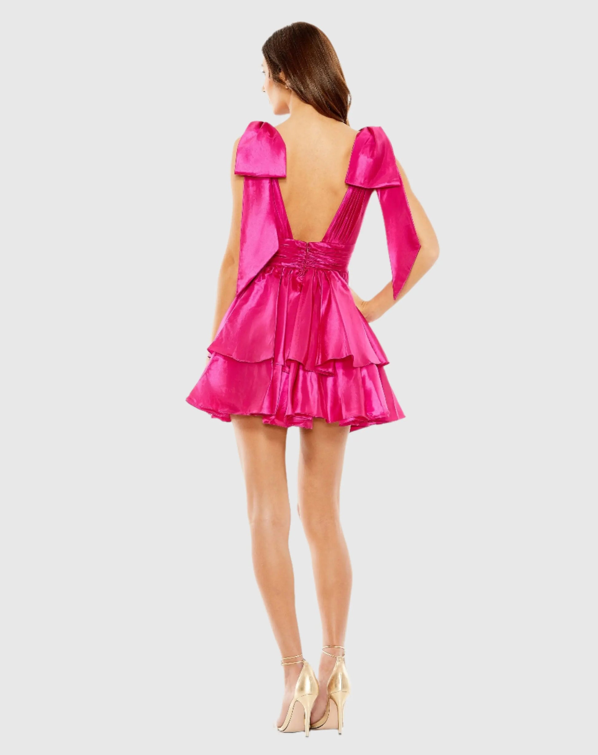 Pink Oversized Bow Deep V Ruffle Mini Dress - Mac Duggal Pink Oversized Bow Deep V Ruffle Mini Dress - Mac Duggal