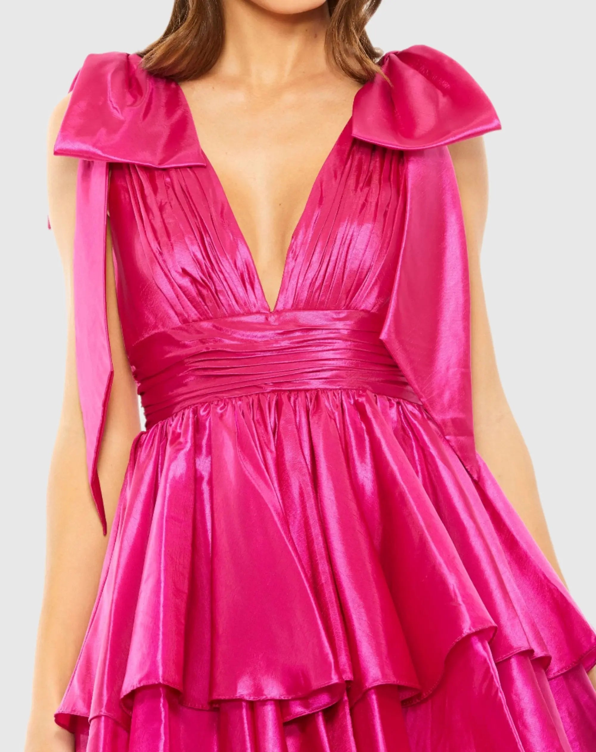 Pink Oversized Bow Deep V Ruffle Mini Dress - Mac Duggal