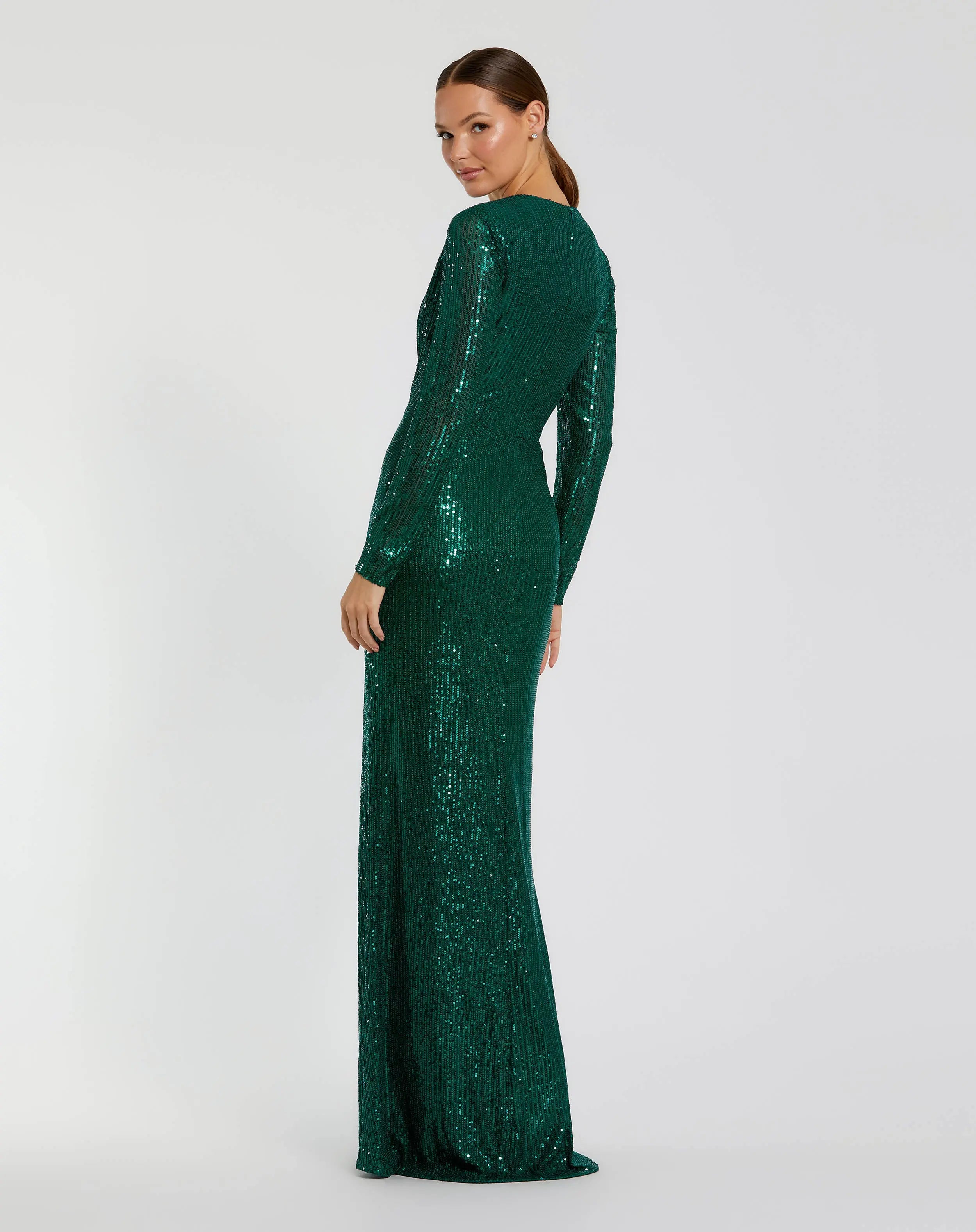 Green Sequined Long Sleeve Side Knot Gown | Mac Duggal Green Sequined Long Sleeve Side Knot Gown | Mac Duggal