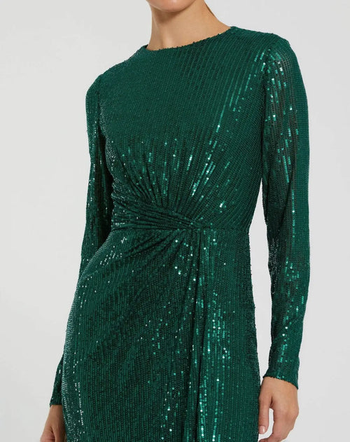 Green Sequined Long Sleeve Side Knot Gown - Mac Duggal