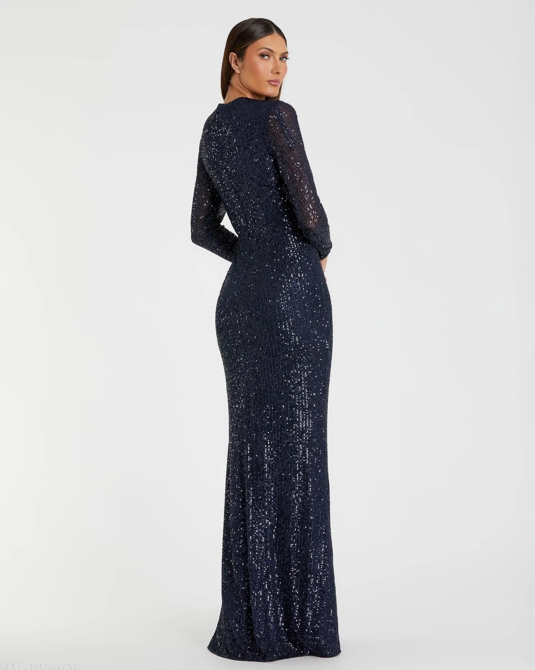 Navy Sequined Long Sleeve Side Knot Gown - Mac Duggal