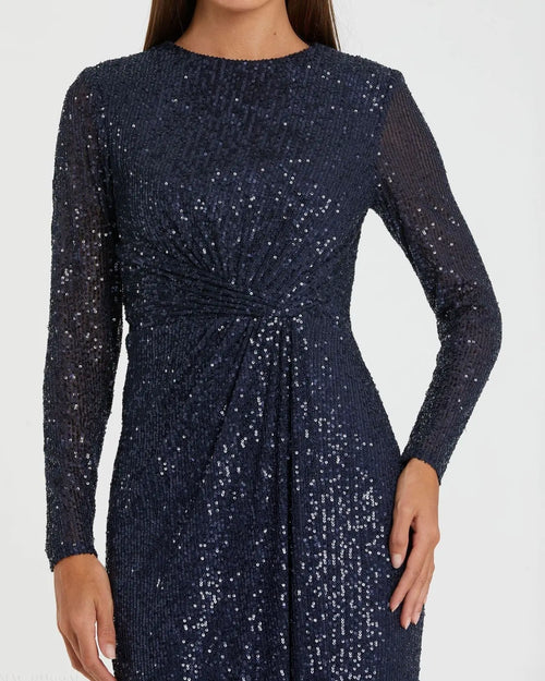 Navy Sequined Long Sleeve Side Knot Gown - Mac Duggal