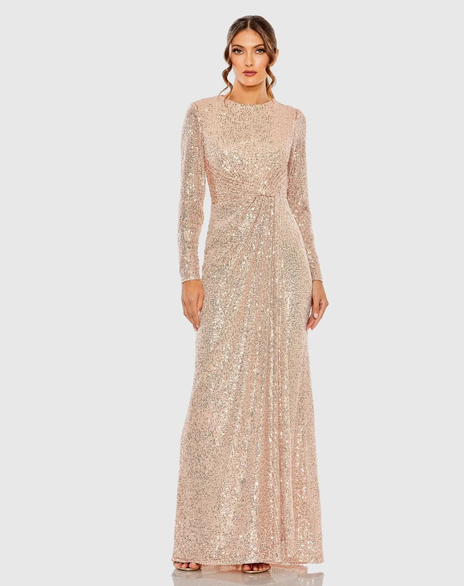 Light Pink Sequined Side Knot Long Sleeve Gown Ieena for Mac Duggal