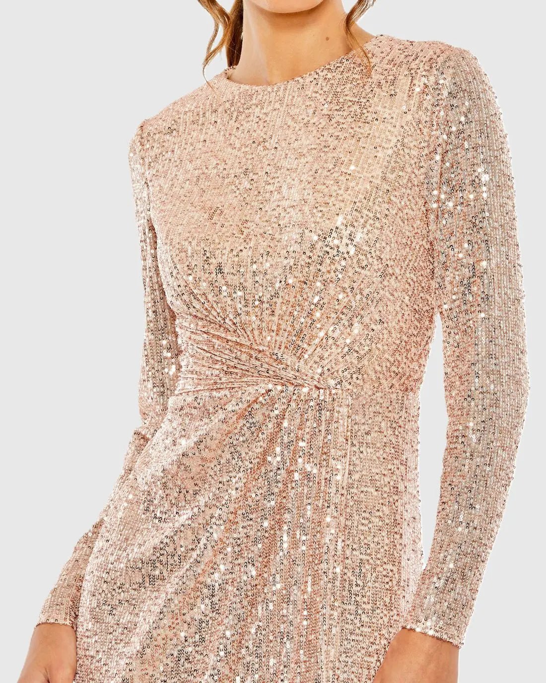 Light Pink Sequin Long Sleeve High Neck Column Gown - Ieena for Mac Duggal