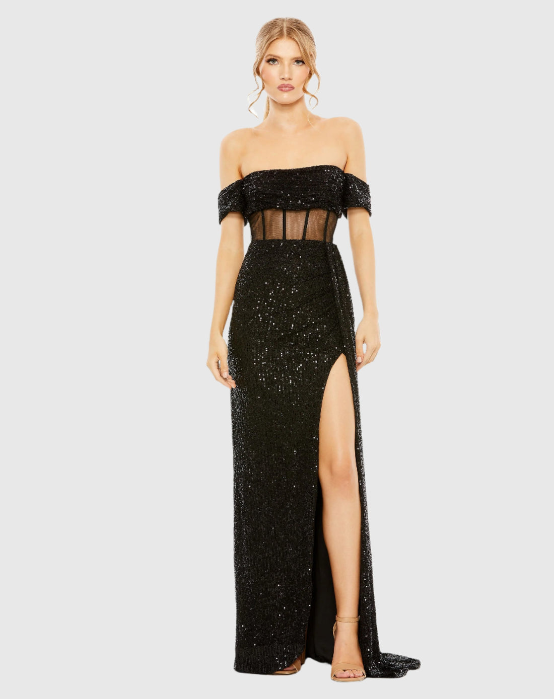 Sequined Gown with Sheer Corset Waist and Slit