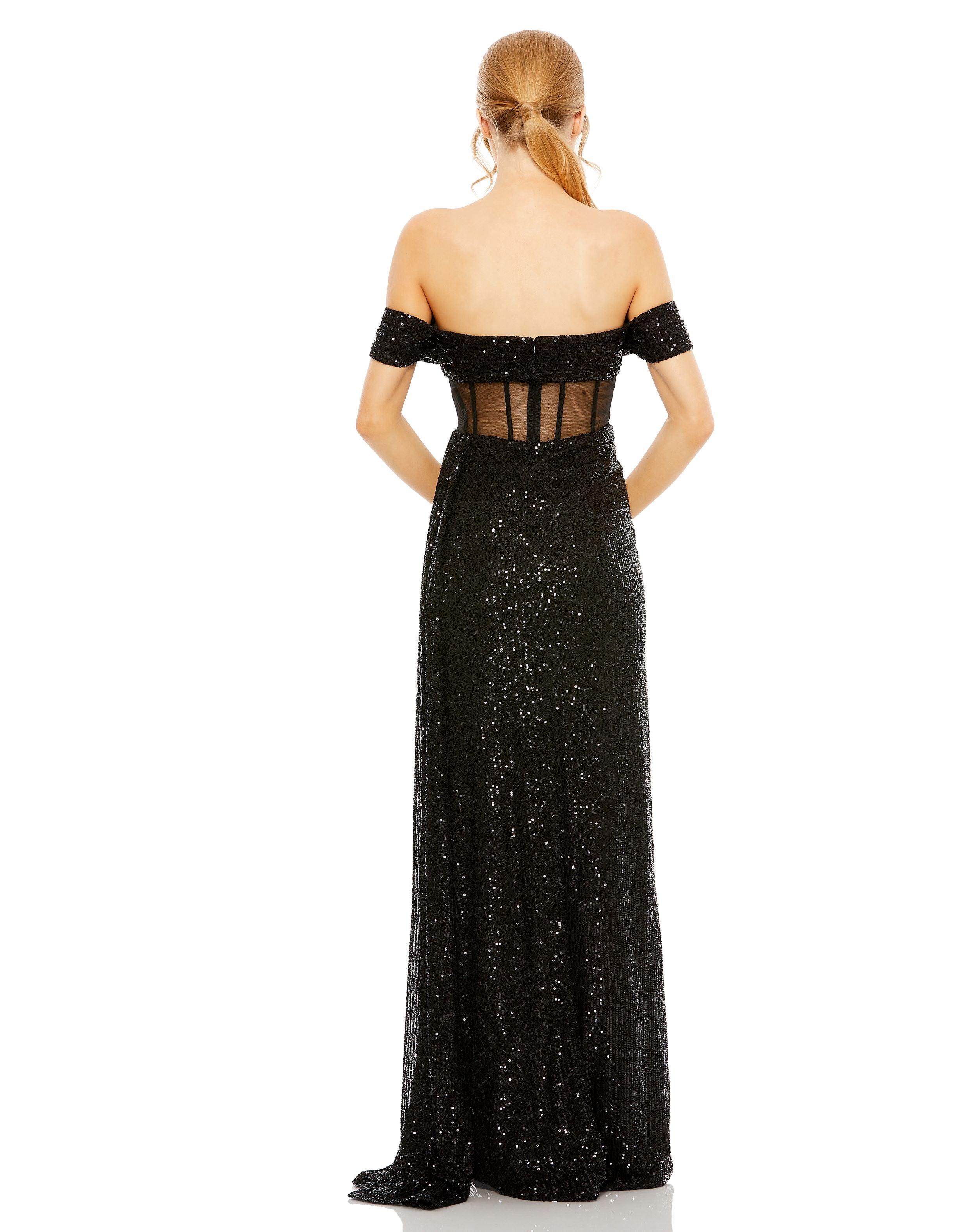 Sequined Gown with Sheer Corset Waist and Slit