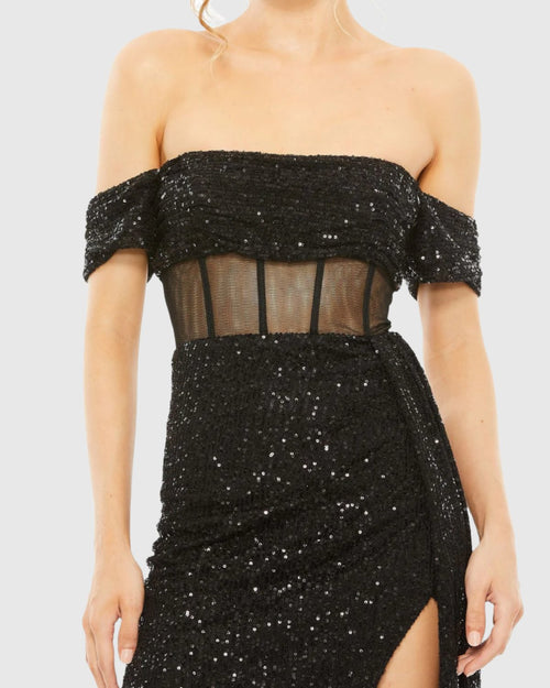 Sequined Gown with Sheer Corset Waist and Slit