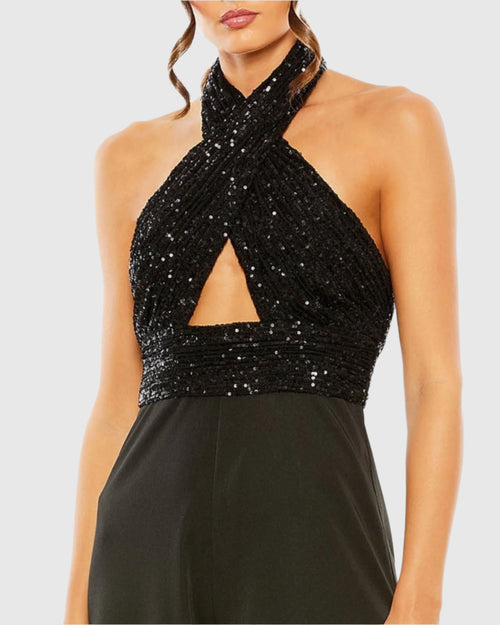 Sequined Cross Neck Halter Jumpsuit