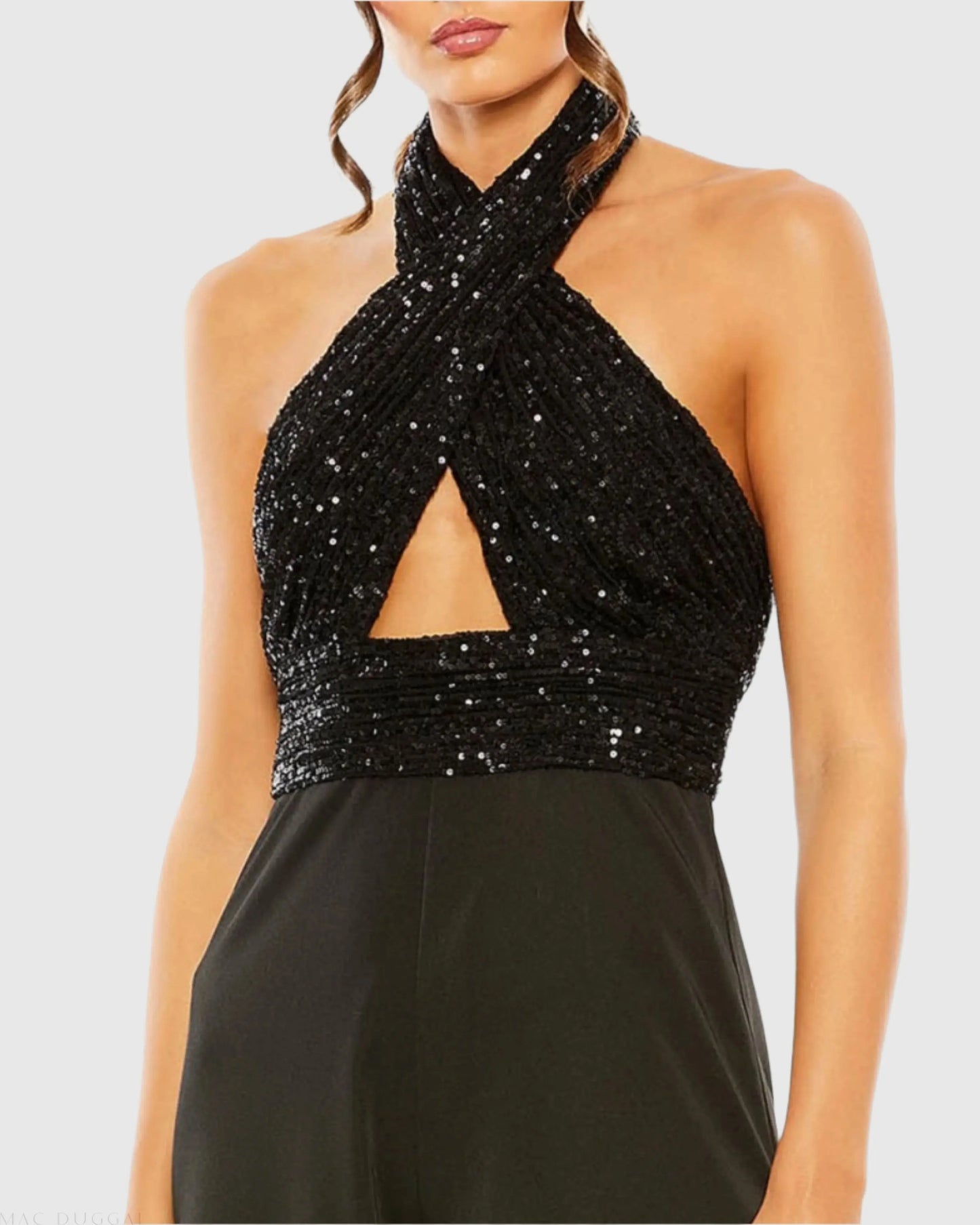 Black Sequined Cross Neck Halter Jumpsuit - Ieena for Mac Duggal