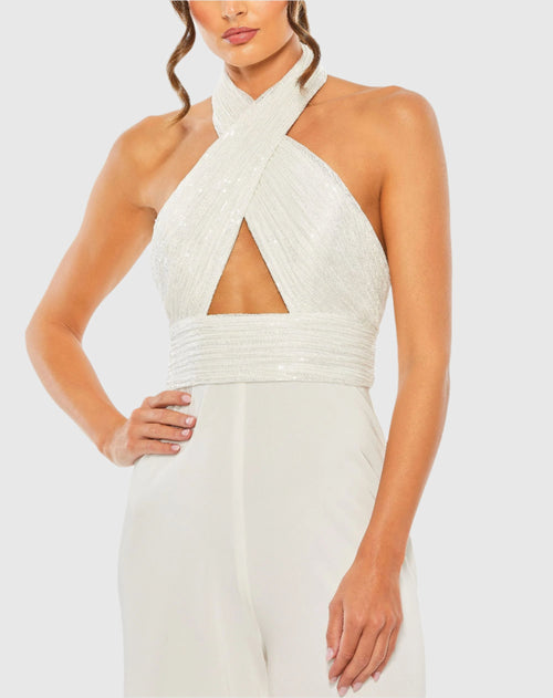 White Sequined Cross Neck Halter Jumpsuit