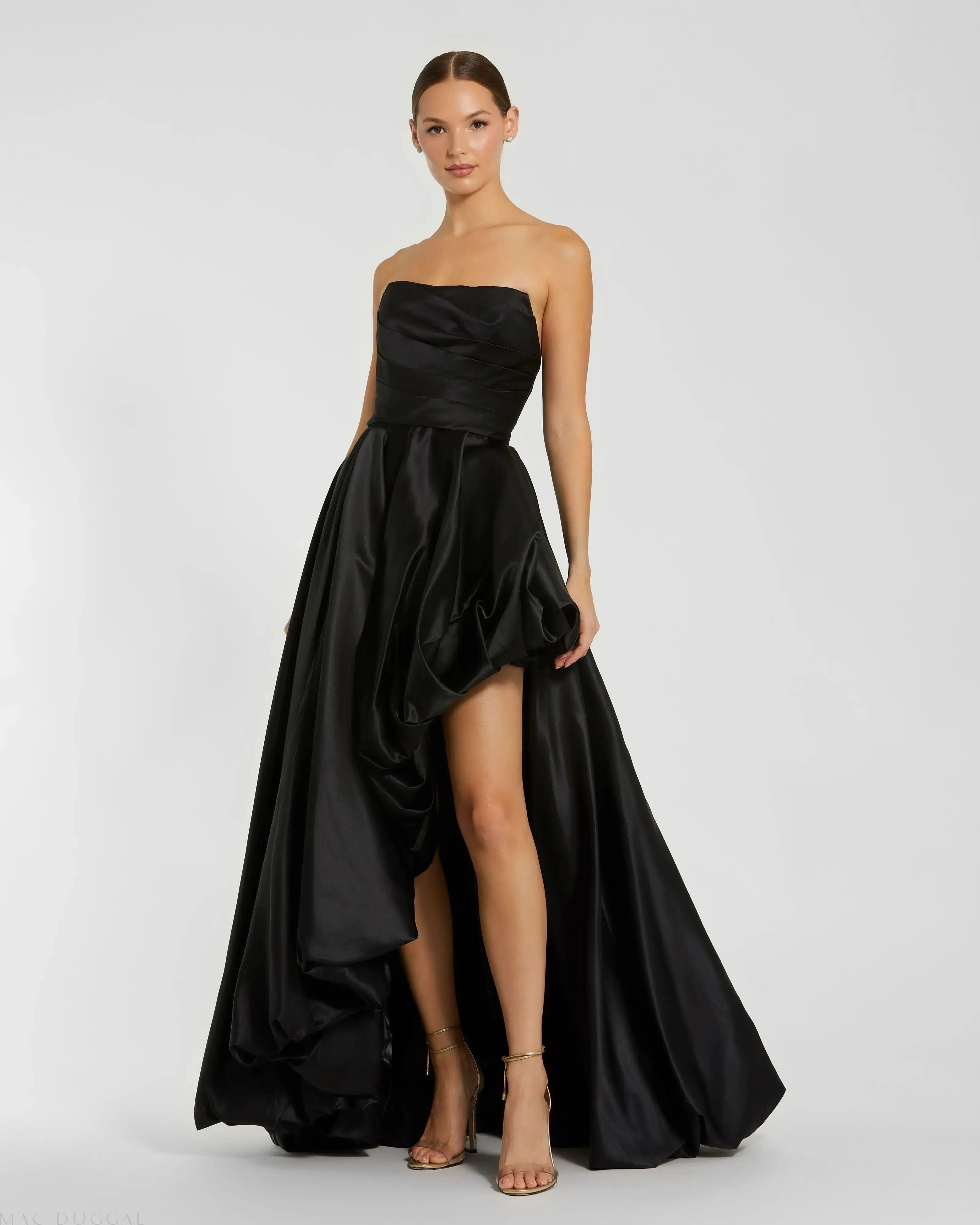 Black Strapless Ruched High Low Gown - Mac Duggal