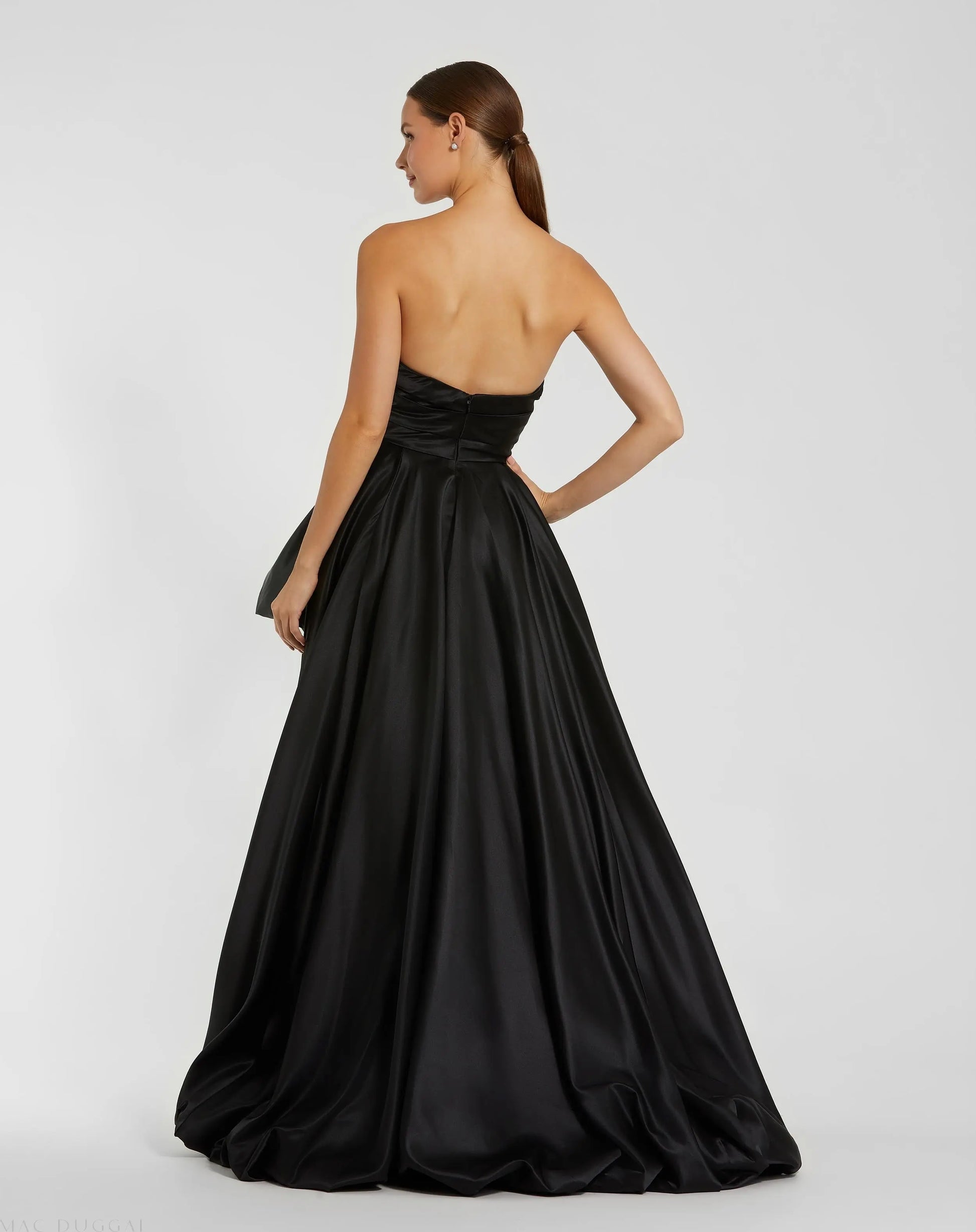Black Strapless Ruched High Low Gown | Mac Duggal Black Strapless Ruched High Low Gown | Mac Duggal