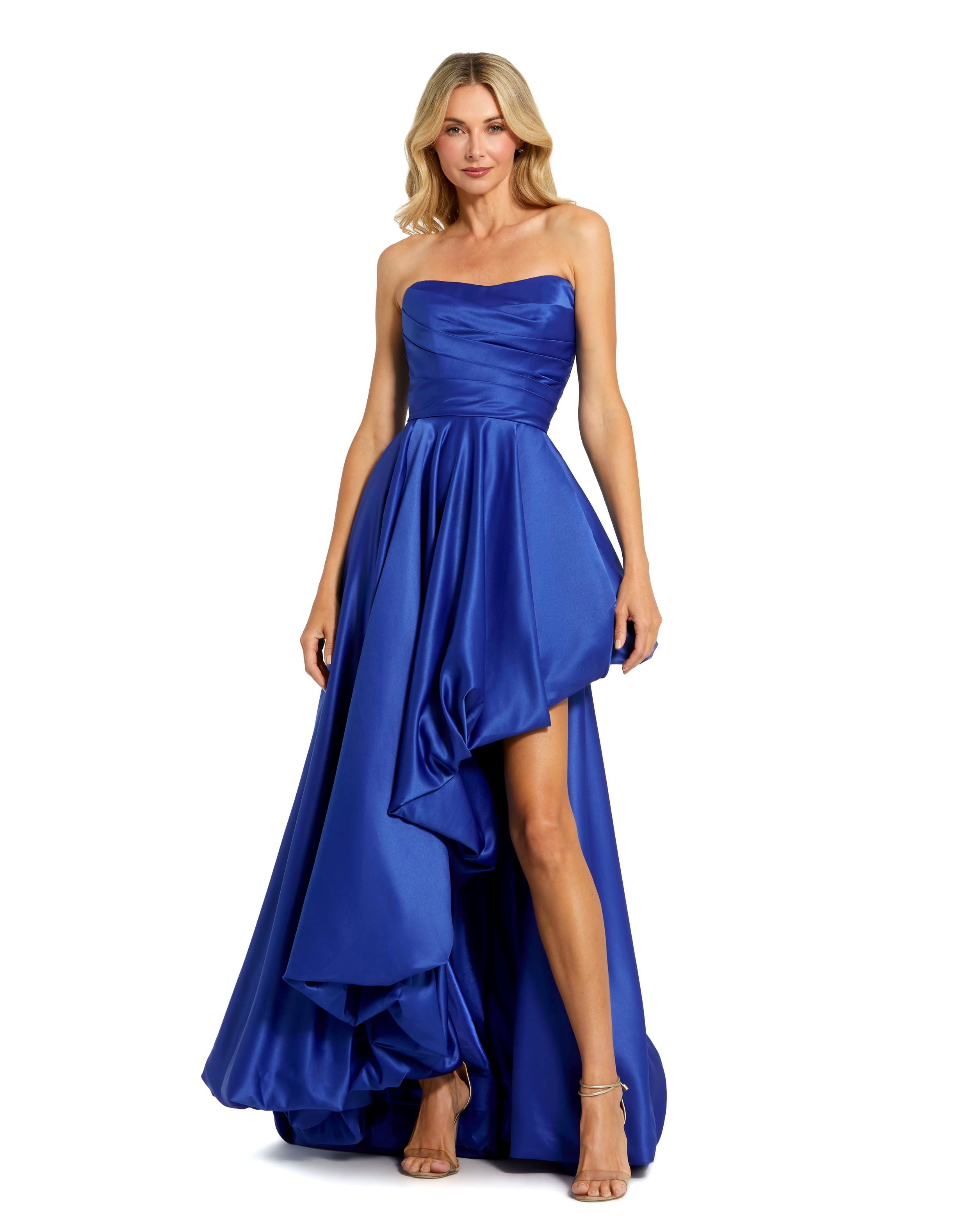 Asymmetrical High Low Strapless Ruched Gown