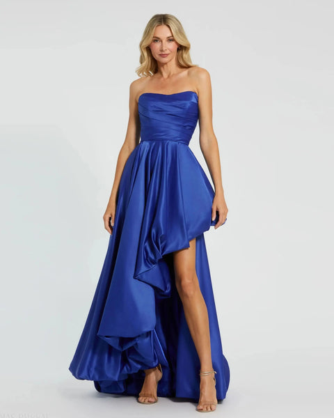 mac duggal strapless asymmetrical maxi dress Ruched High Low Gown Boat Neck Satin A-line V neck prom dresses Color:Blue as Pics 60 from top of