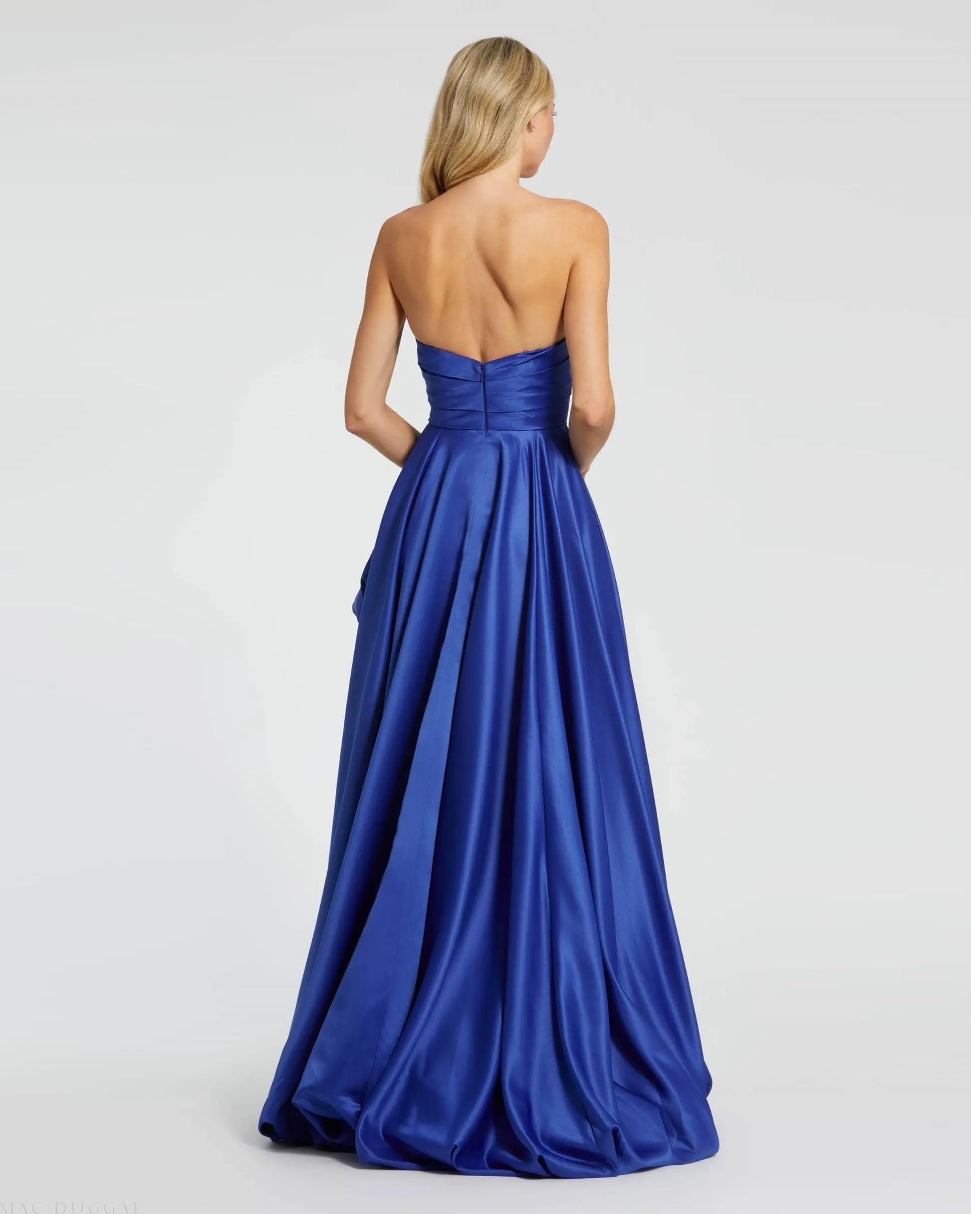 Blue Strapless Ruched High Low Gown - Mac Duggal Blue Strapless Ruched High Low Gown - Mac Duggal