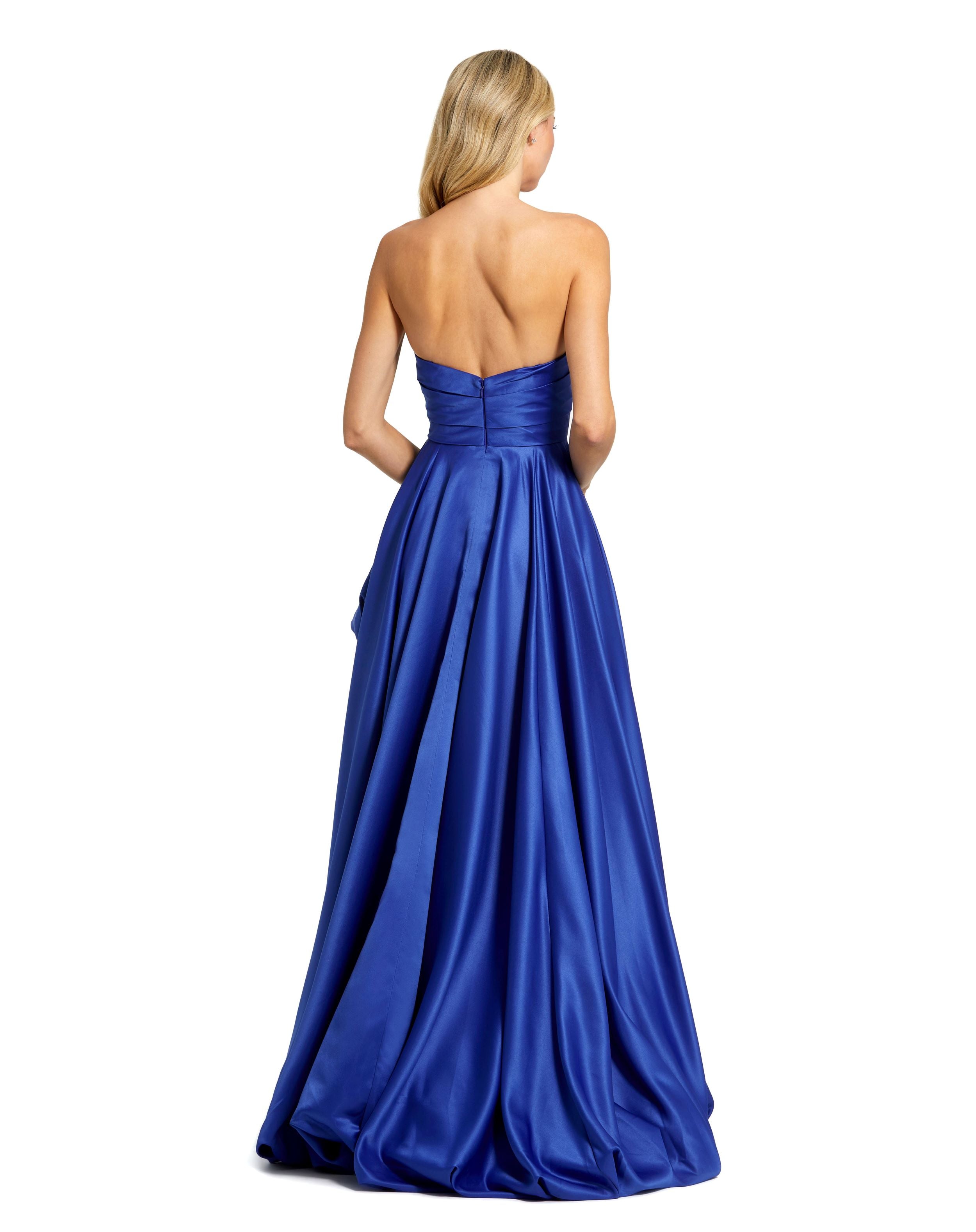 Asymmetrical High Low Strapless Ruched Gown