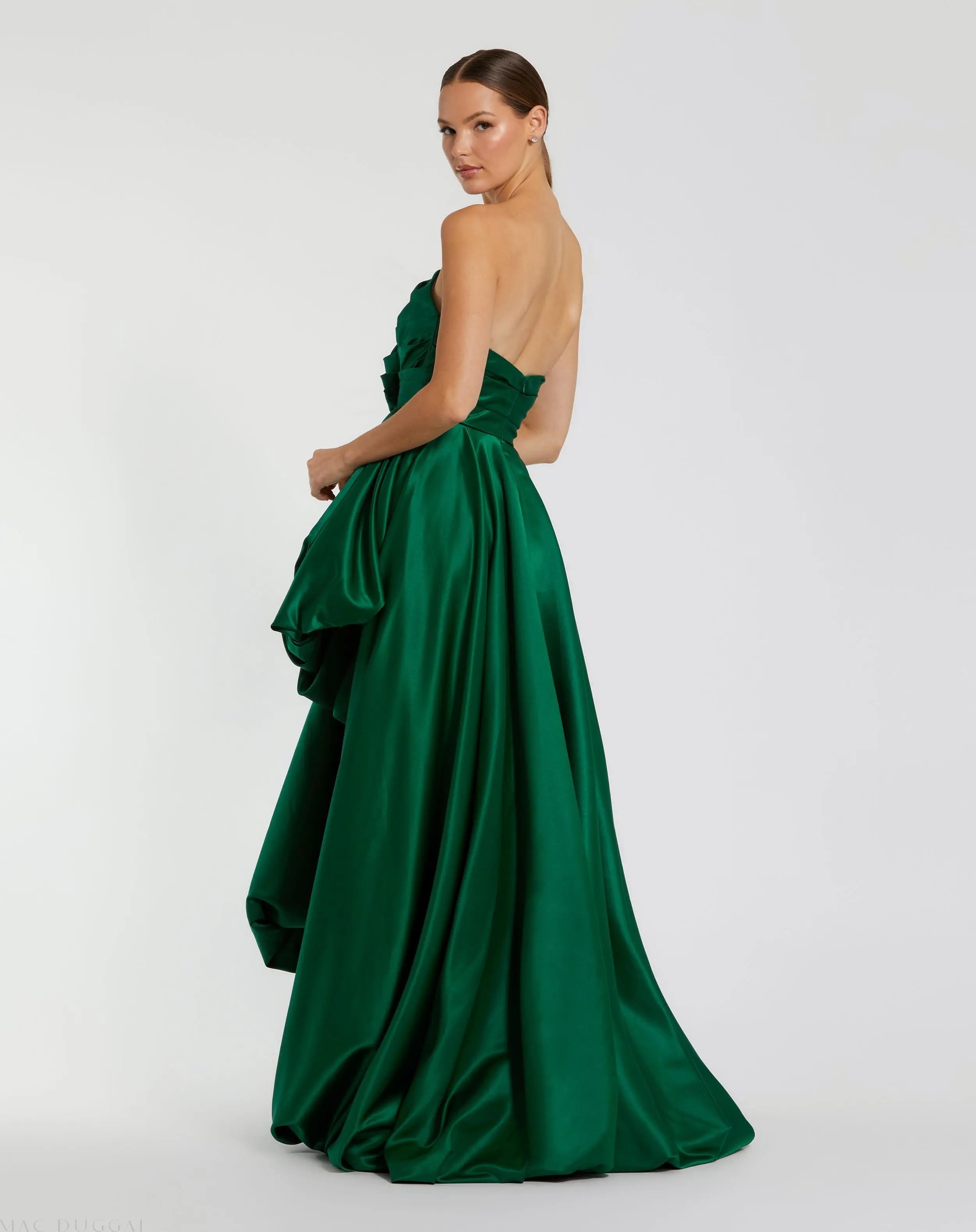 Green Strapless Ruched High Low Gown - Mac Duggal