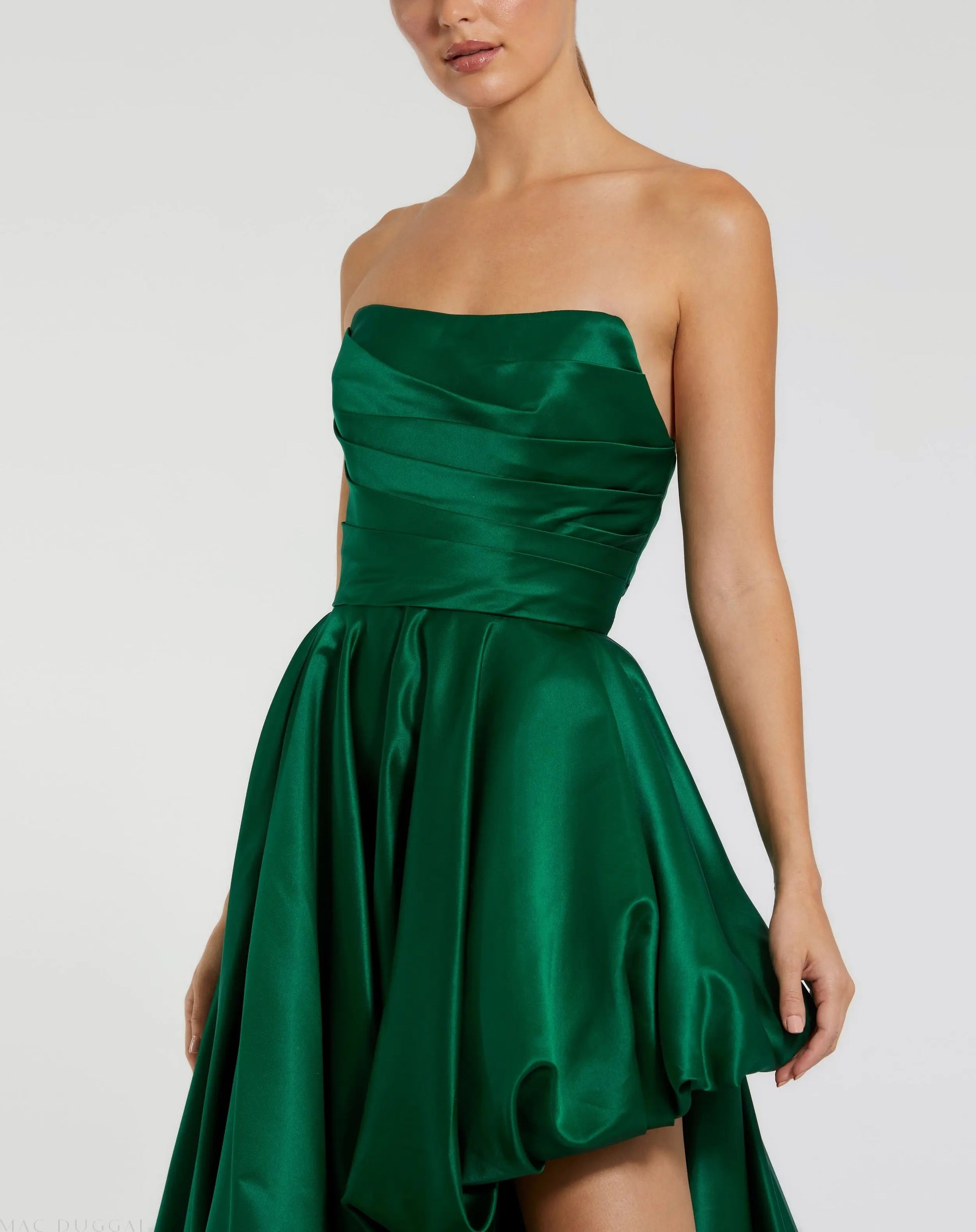 Green Strapless Ruched High Low Gown - Mac Duggal Green Strapless Ruched High Low Gown - Mac Duggal