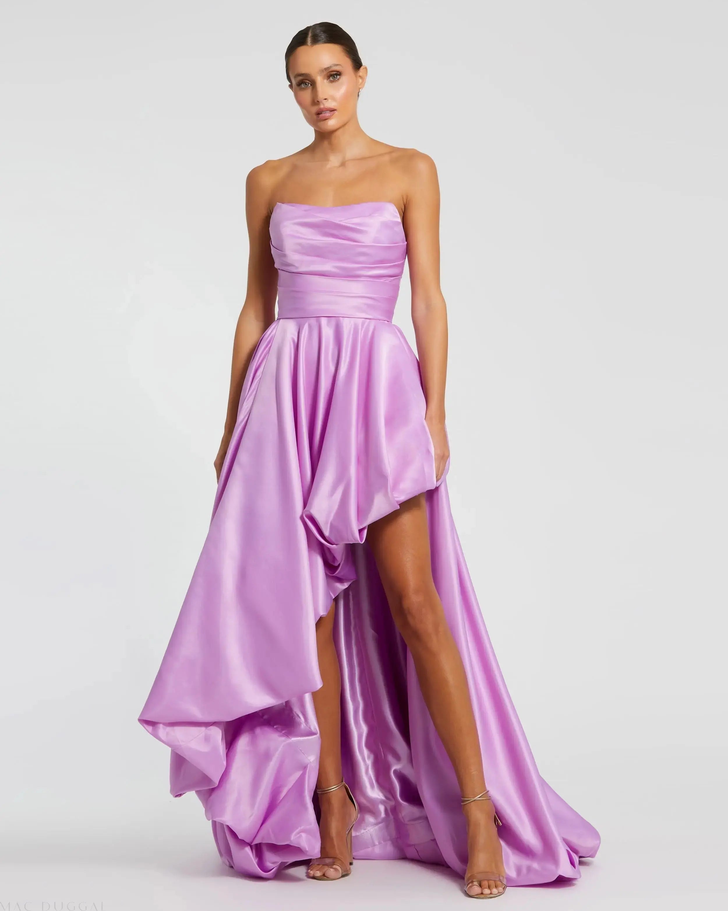 Purple Strapless Ruched High Low Gown - Mac Duggal