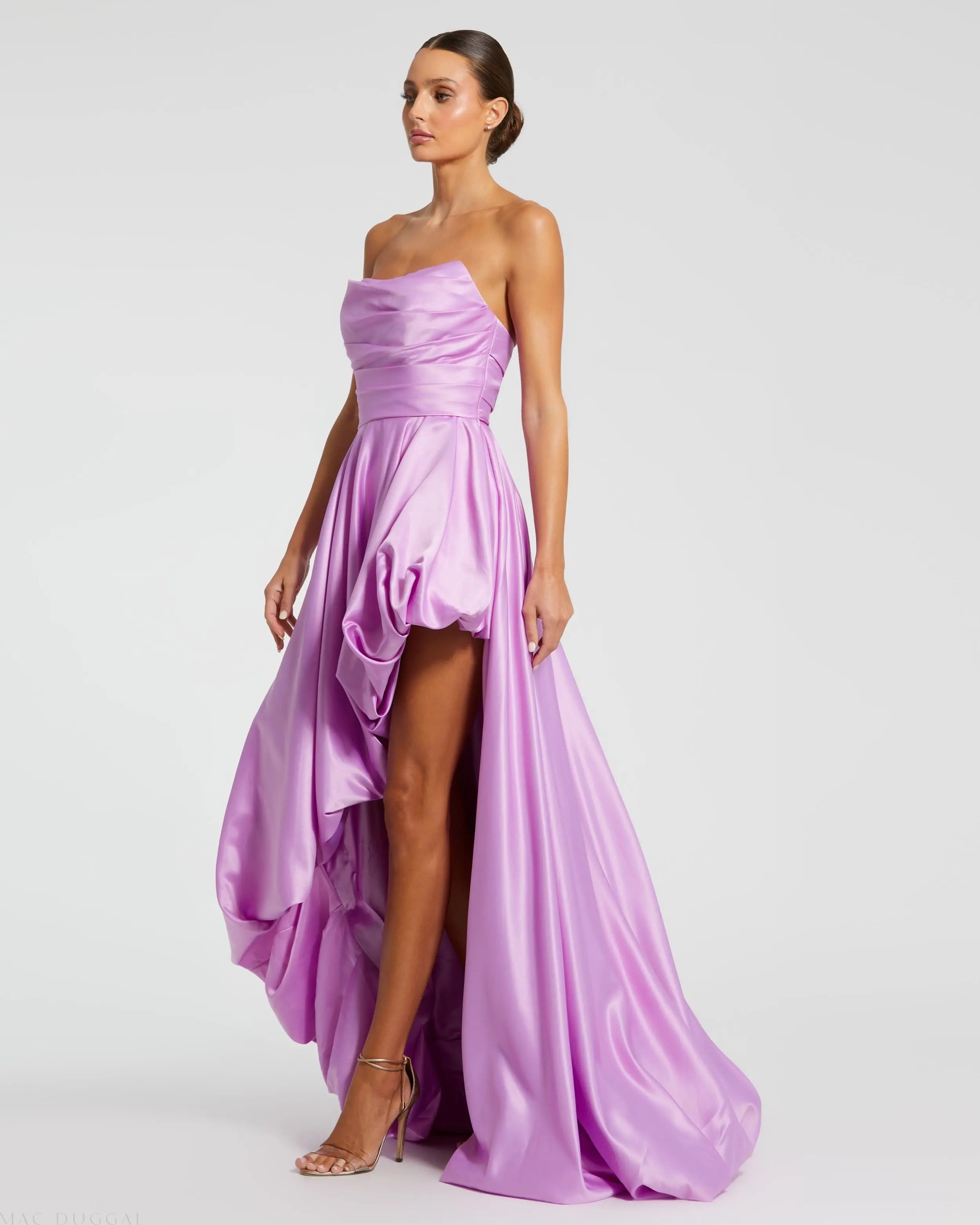 Purple Strapless Ruched High Low Gown - Mac Duggal
