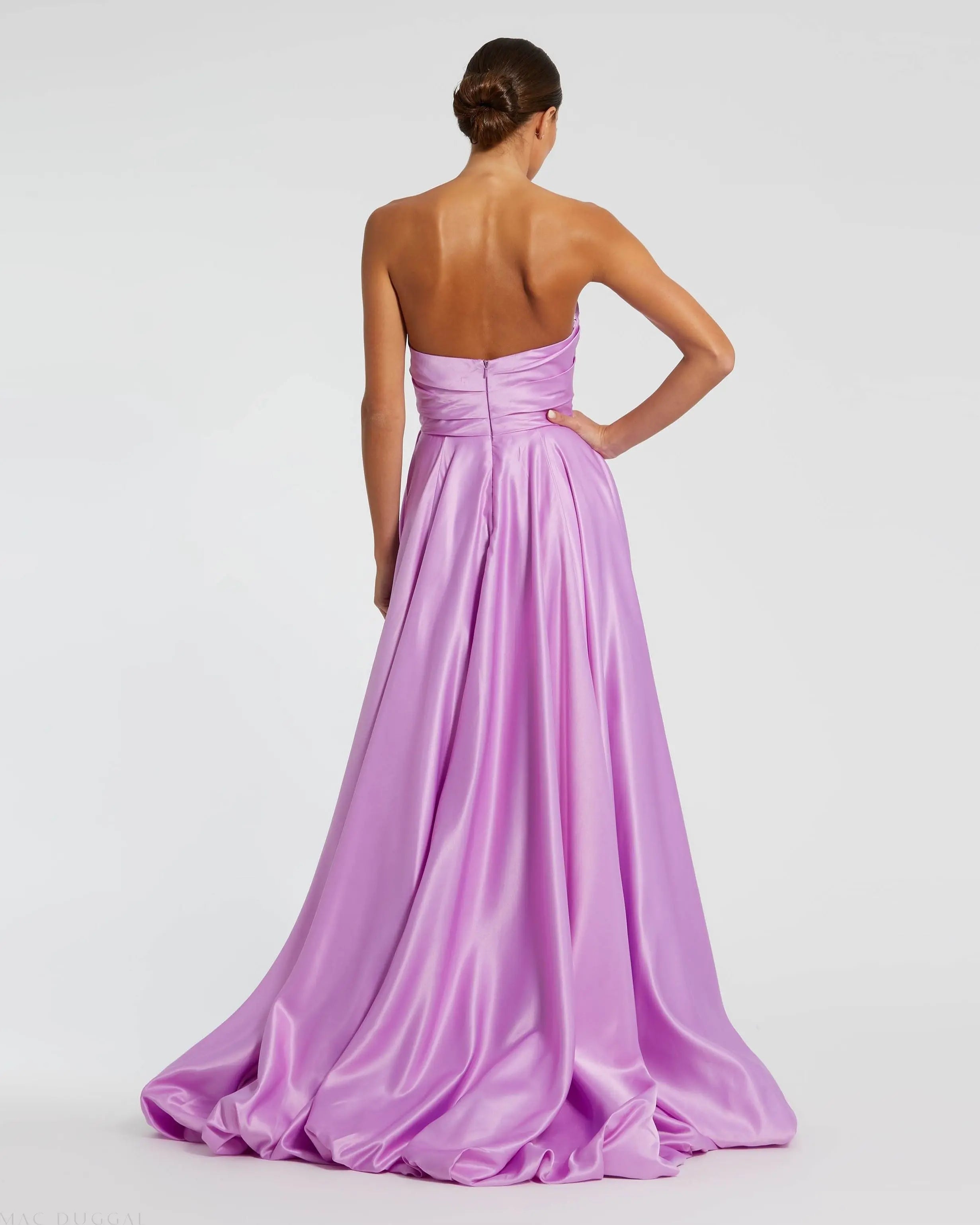 Purple Strapless Ruched High Low Gown - Mac Duggal