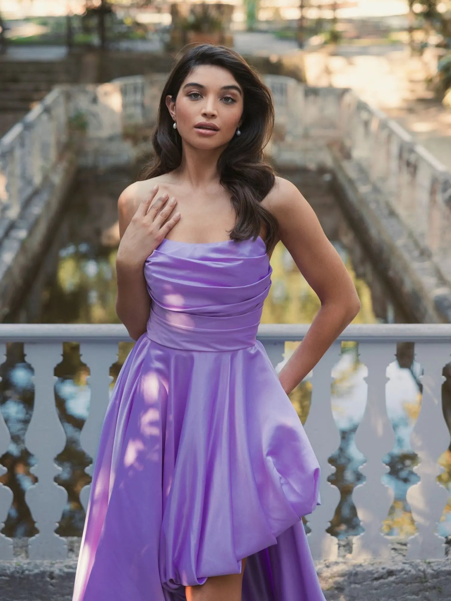 Purple Strapless Ruched High Low Gown - Mac Duggal