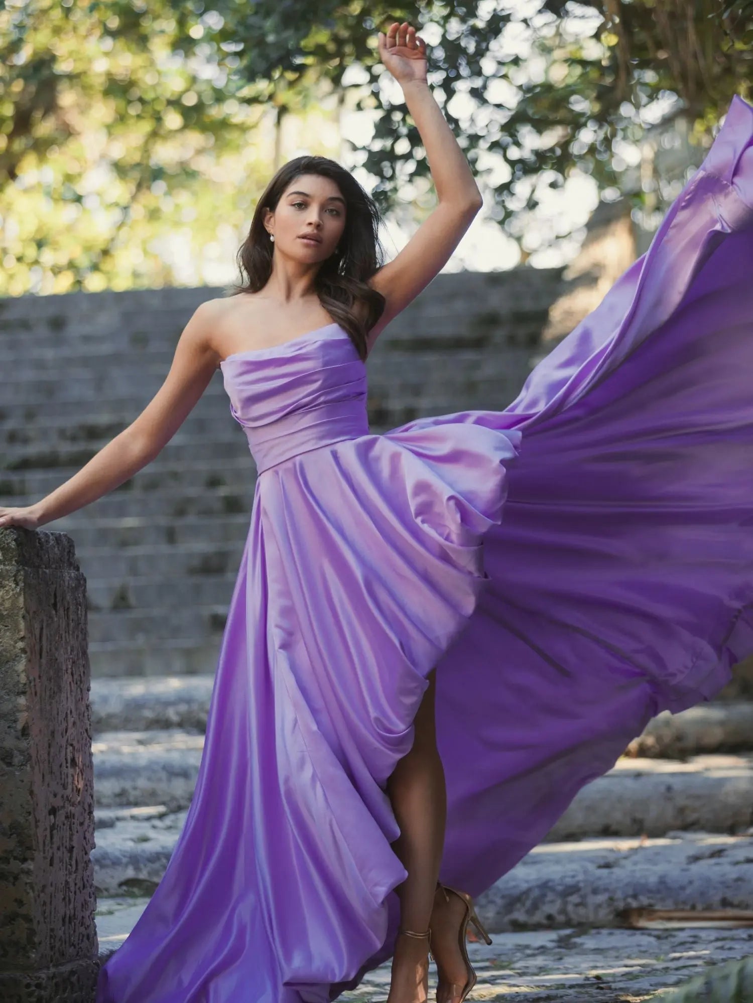 Purple Strapless Ruched High Low Gown - Mac Duggal Purple Strapless Ruched High Low Gown - Mac Duggal