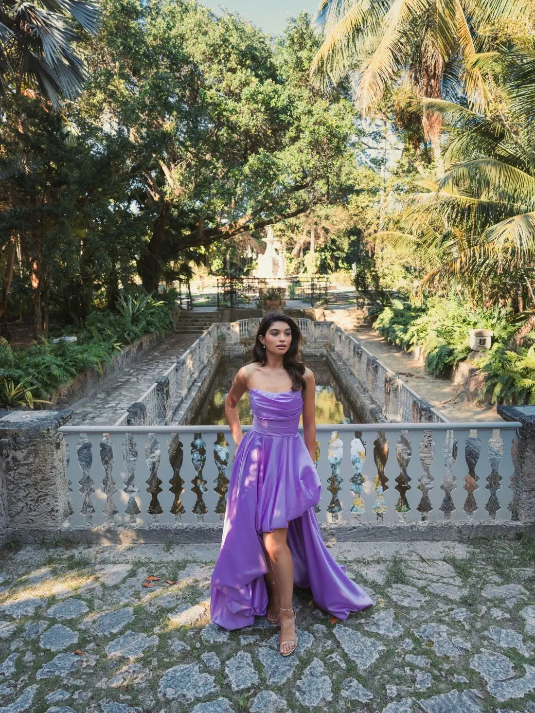 Purple Strapless Ruched High Low Gown - Mac Duggal