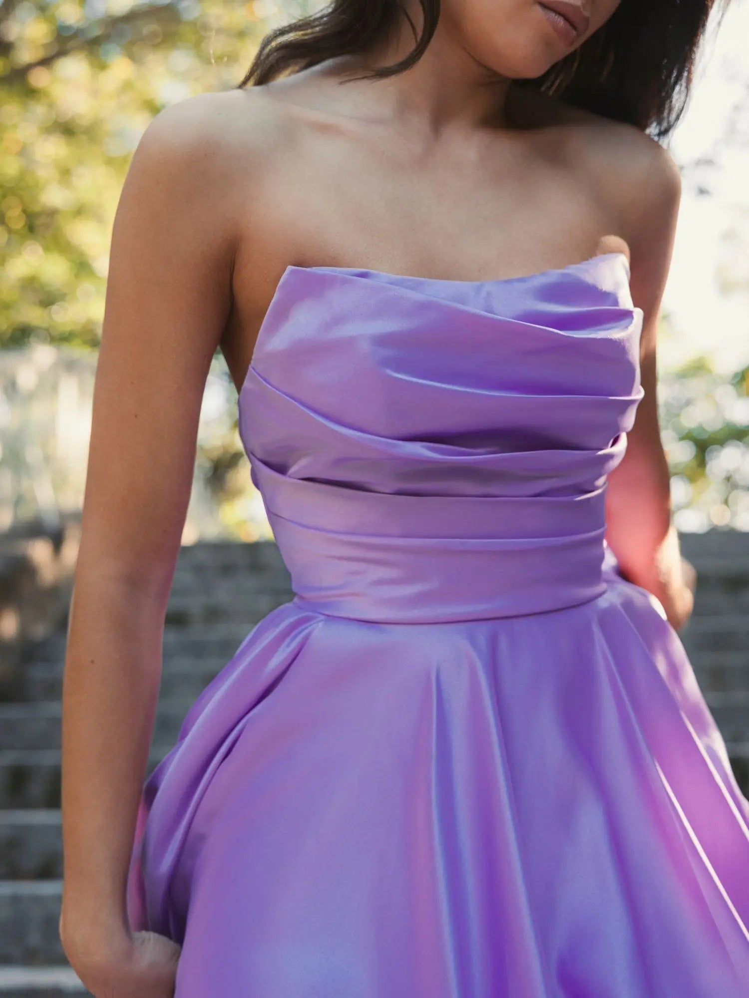 Purple Strapless Ruched High Low Gown - Mac Duggal
