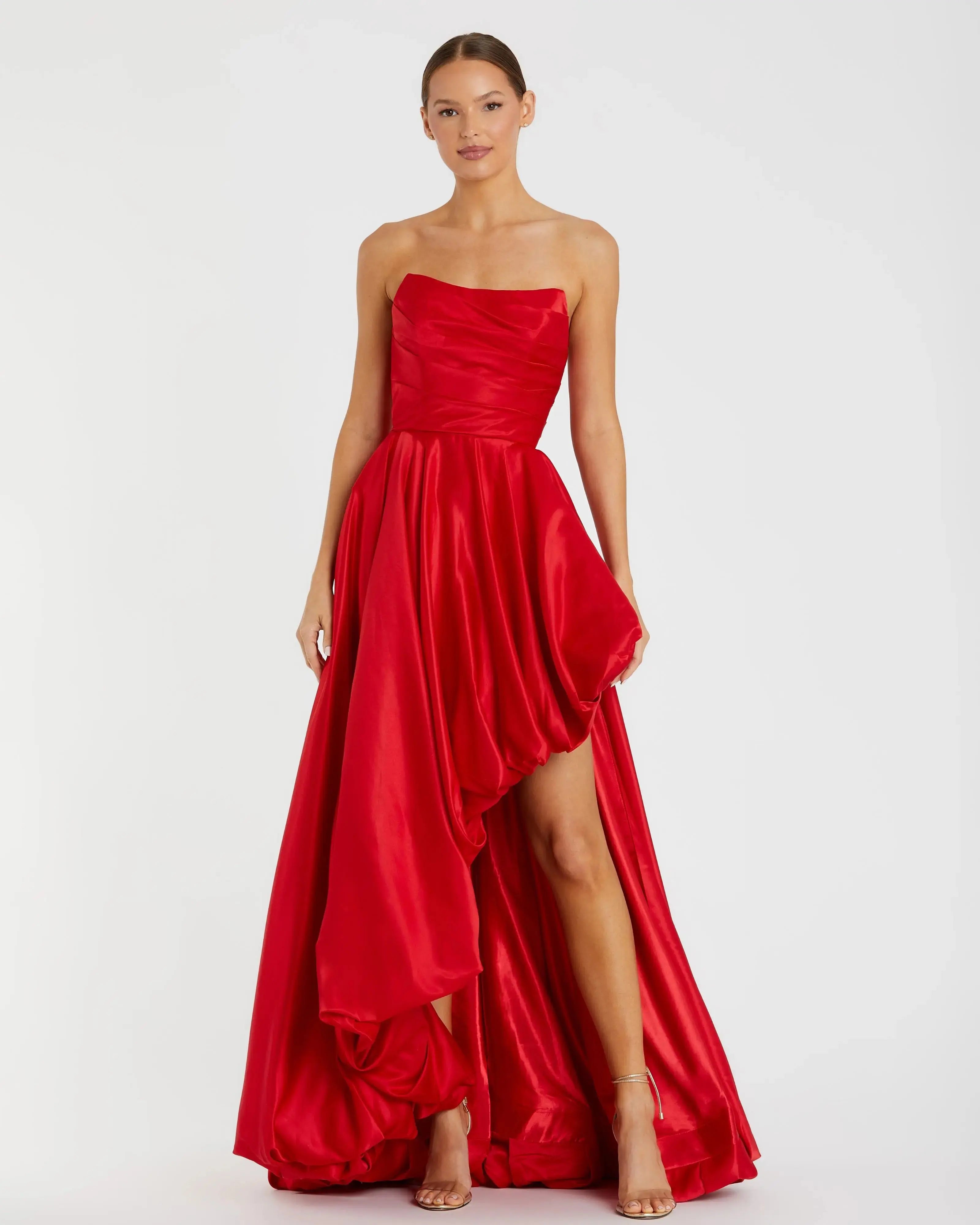 Red Strapless Ruched High Low Gown - Mac Duggal