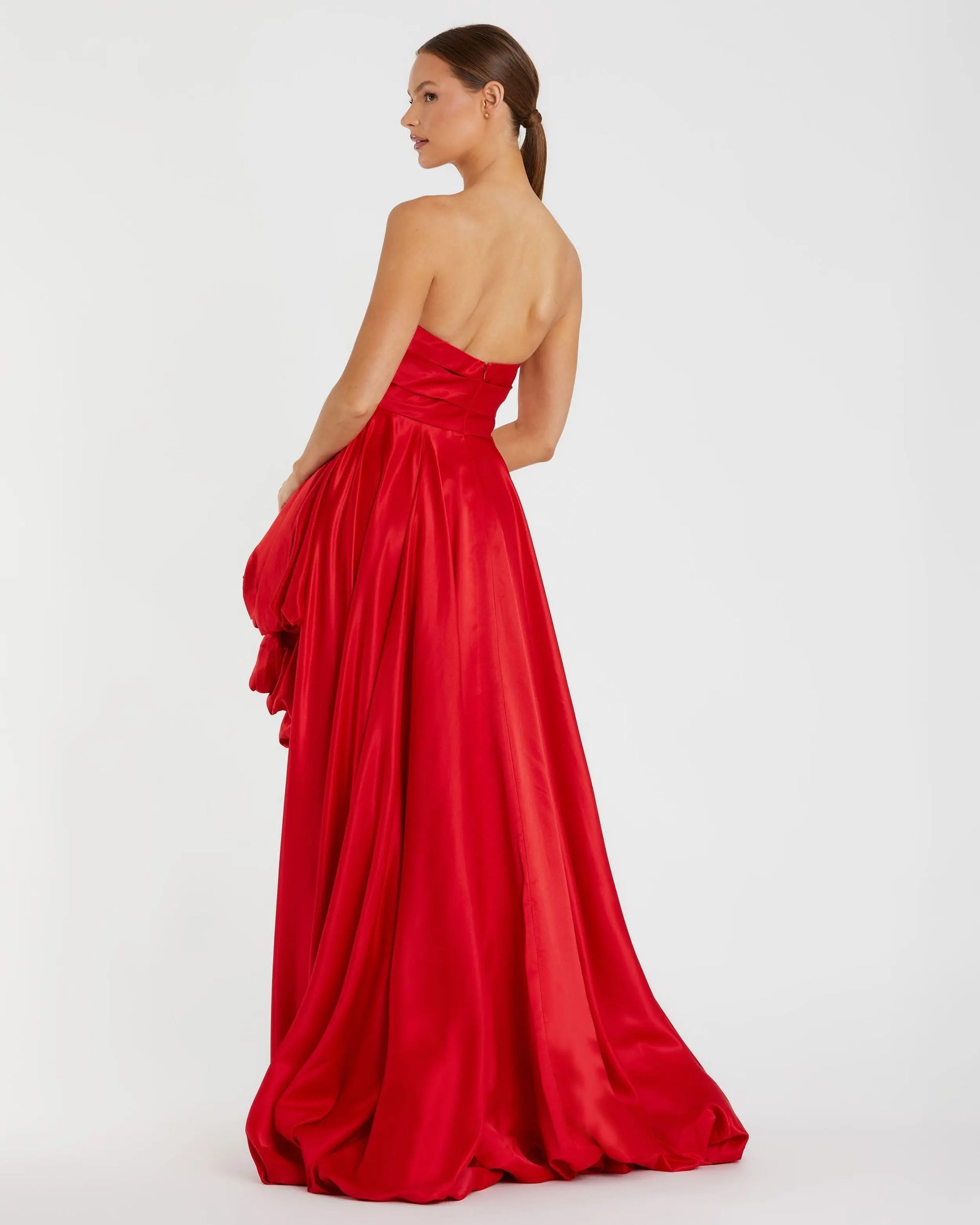 Red Strapless Ruched High Low Gown - Mac Duggal Red Strapless Ruched High Low Gown - Mac Duggal