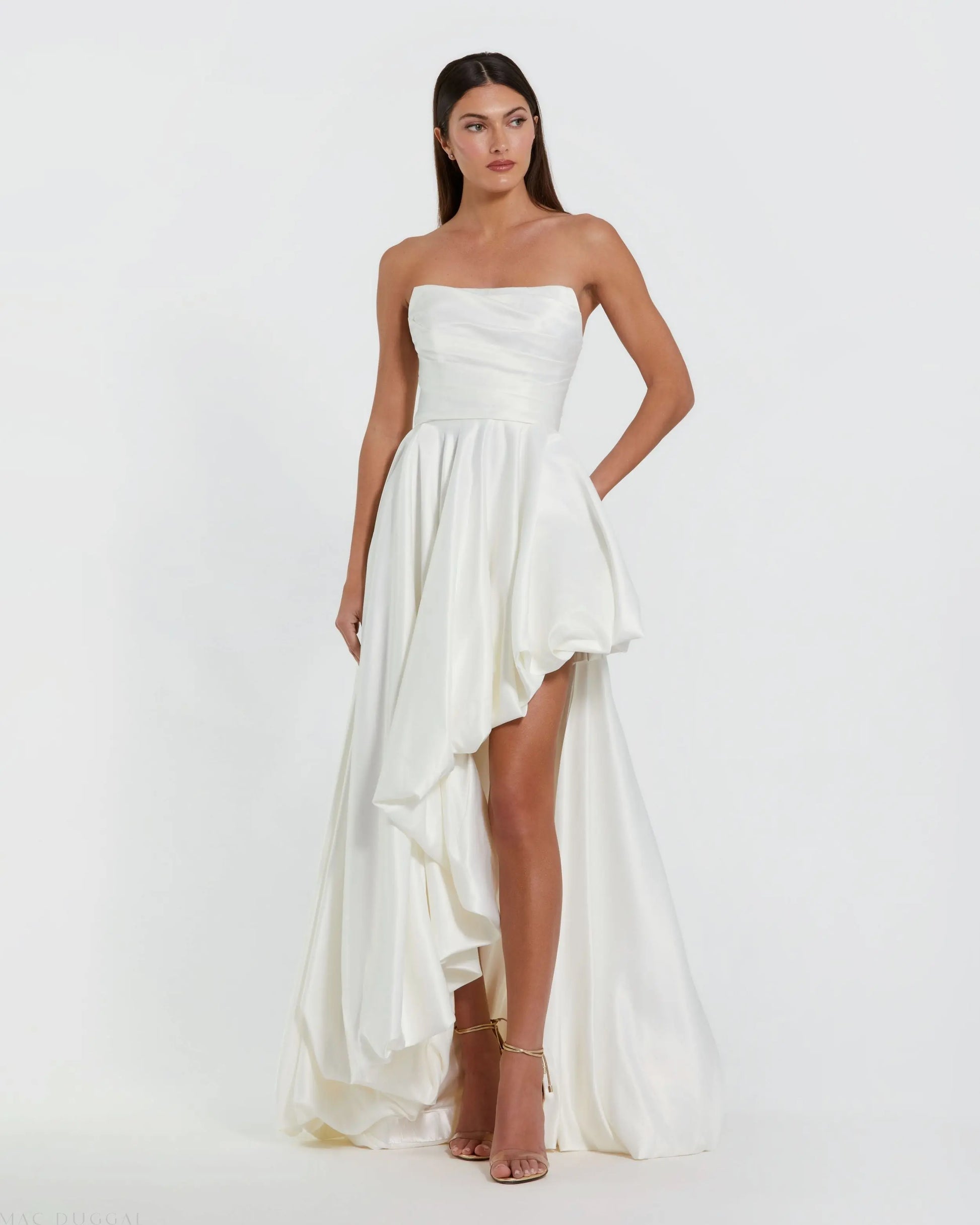 White Strapless Ruched High Low Gown | Mac Duggal White Strapless Ruched High Low Gown | Mac Duggal