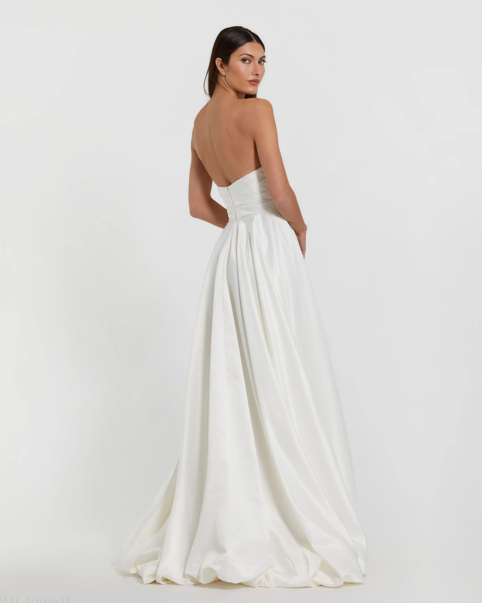 White Strapless Ruched High Low Gown | Mac Duggal White Strapless Ruched High Low Gown | Mac Duggal