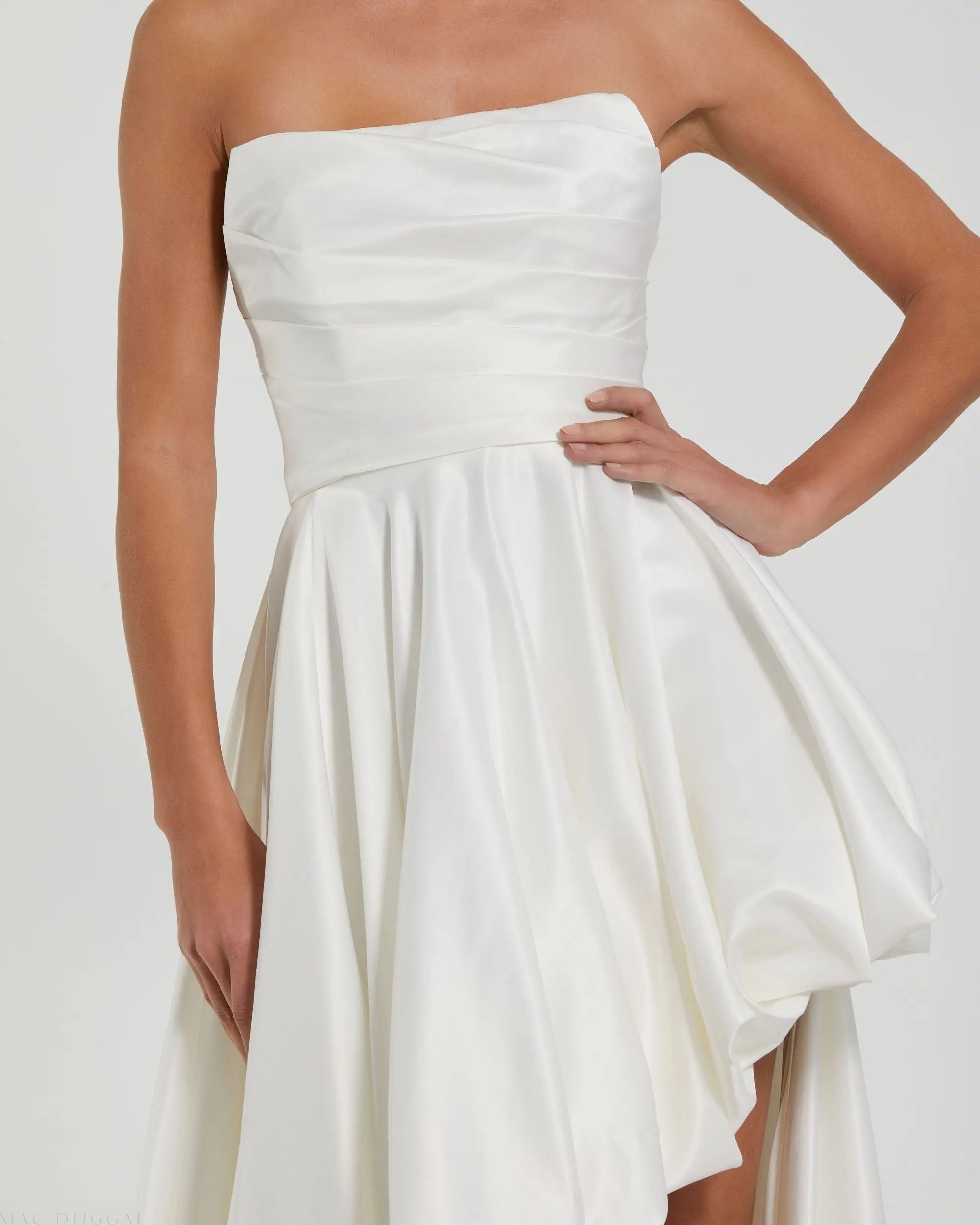 White Strapless Ruched High Low Gown - Mac Duggal