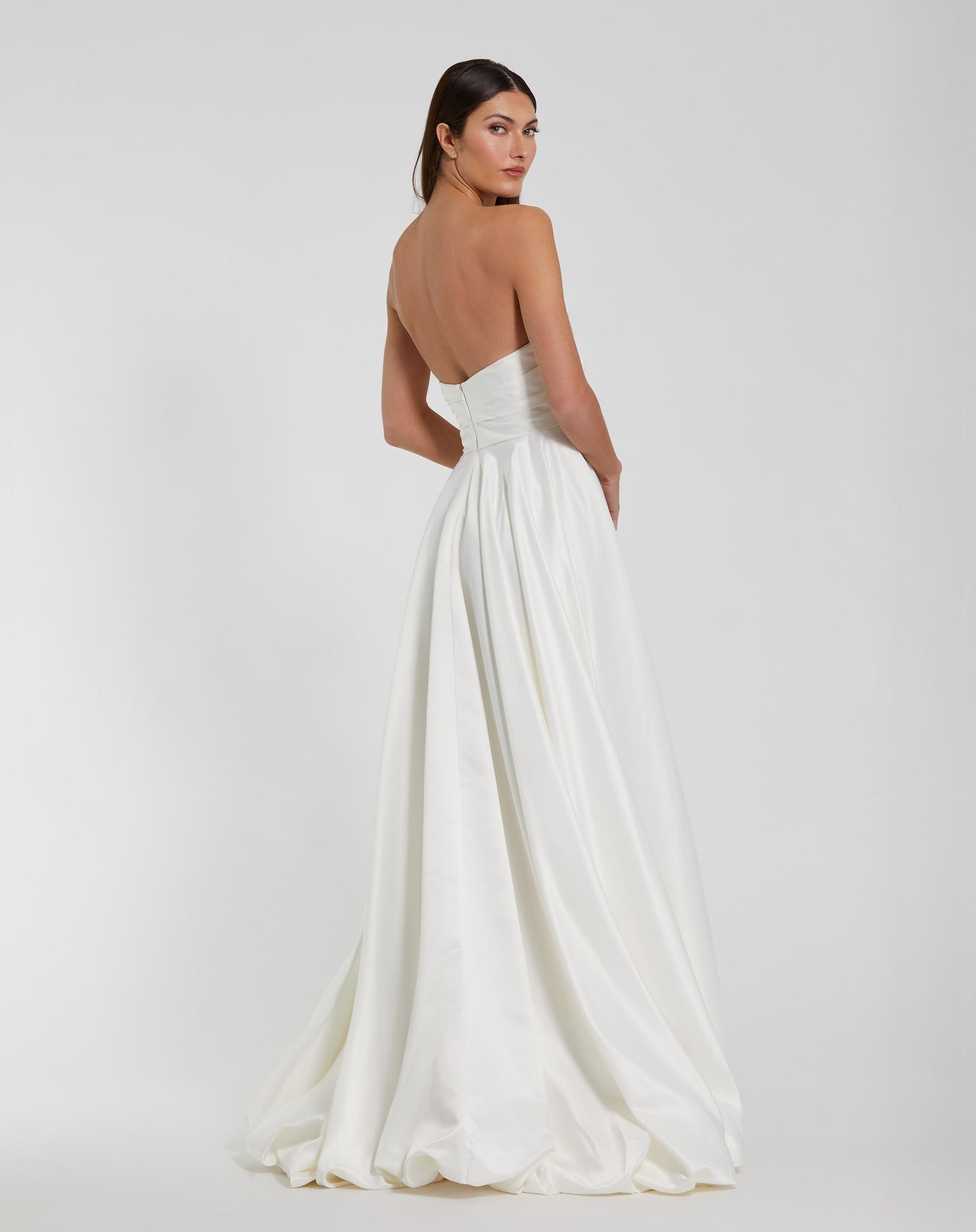 White Strapless Ruched High Low Gown