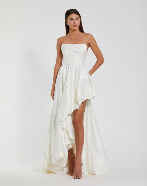 White Strapless Ruched High Low Gown