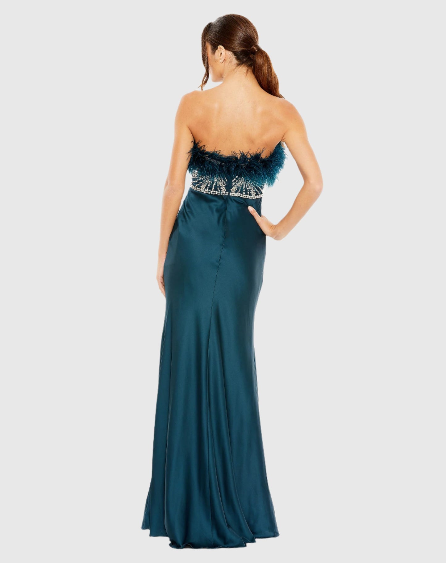 Strapless Feather Rhinestone Detailed Gown