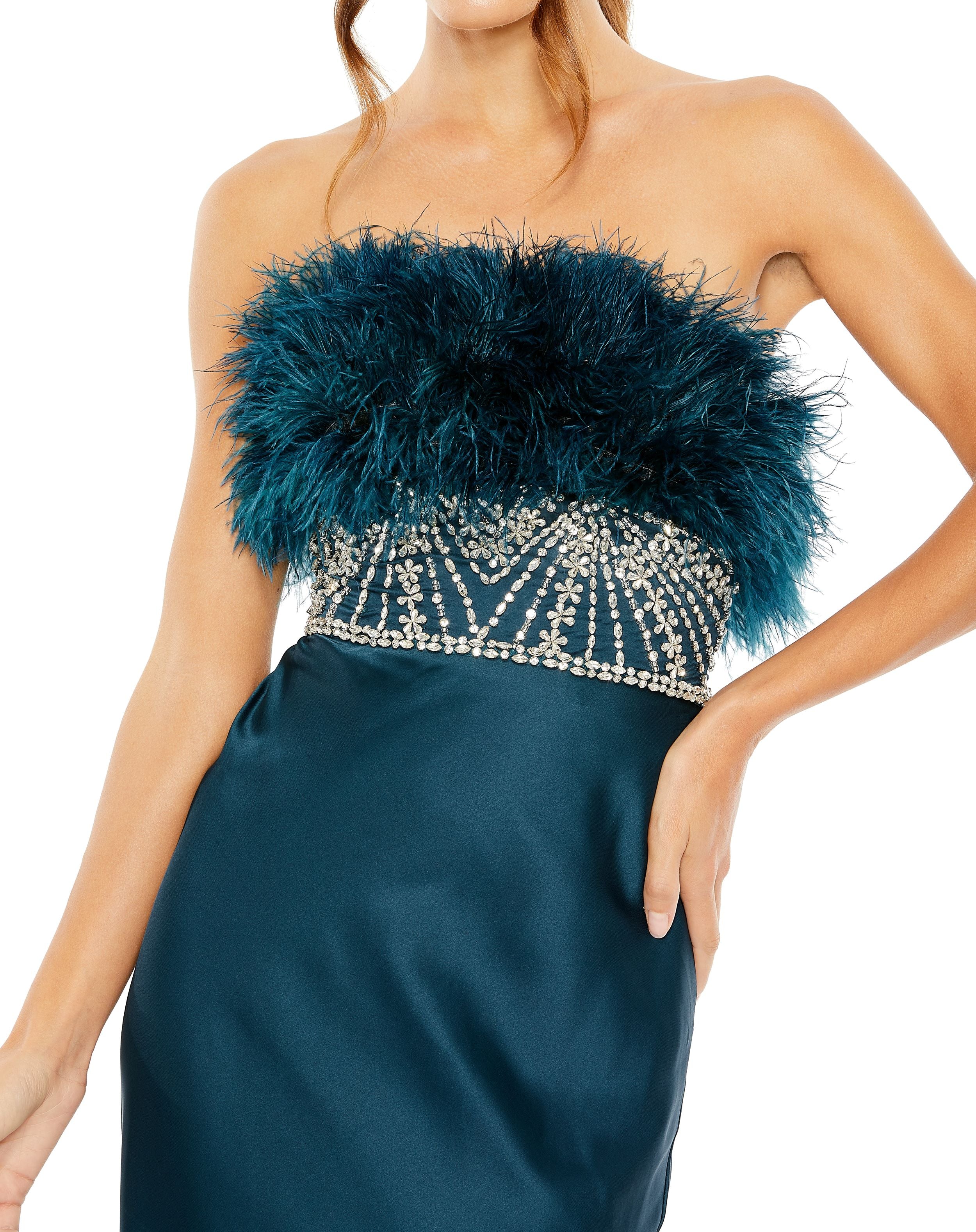 Strapless Feather Rhinestone Detailed Gown