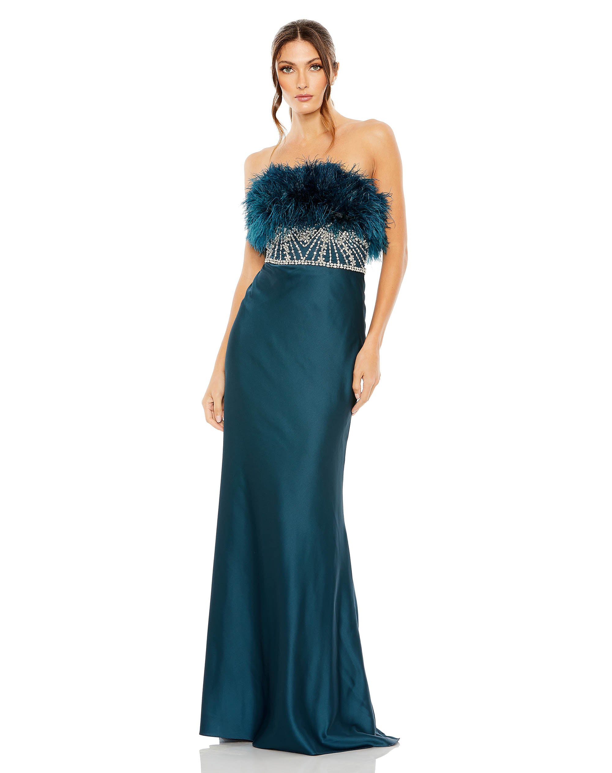 Strapless Feather Rhinestone Detailed Gown