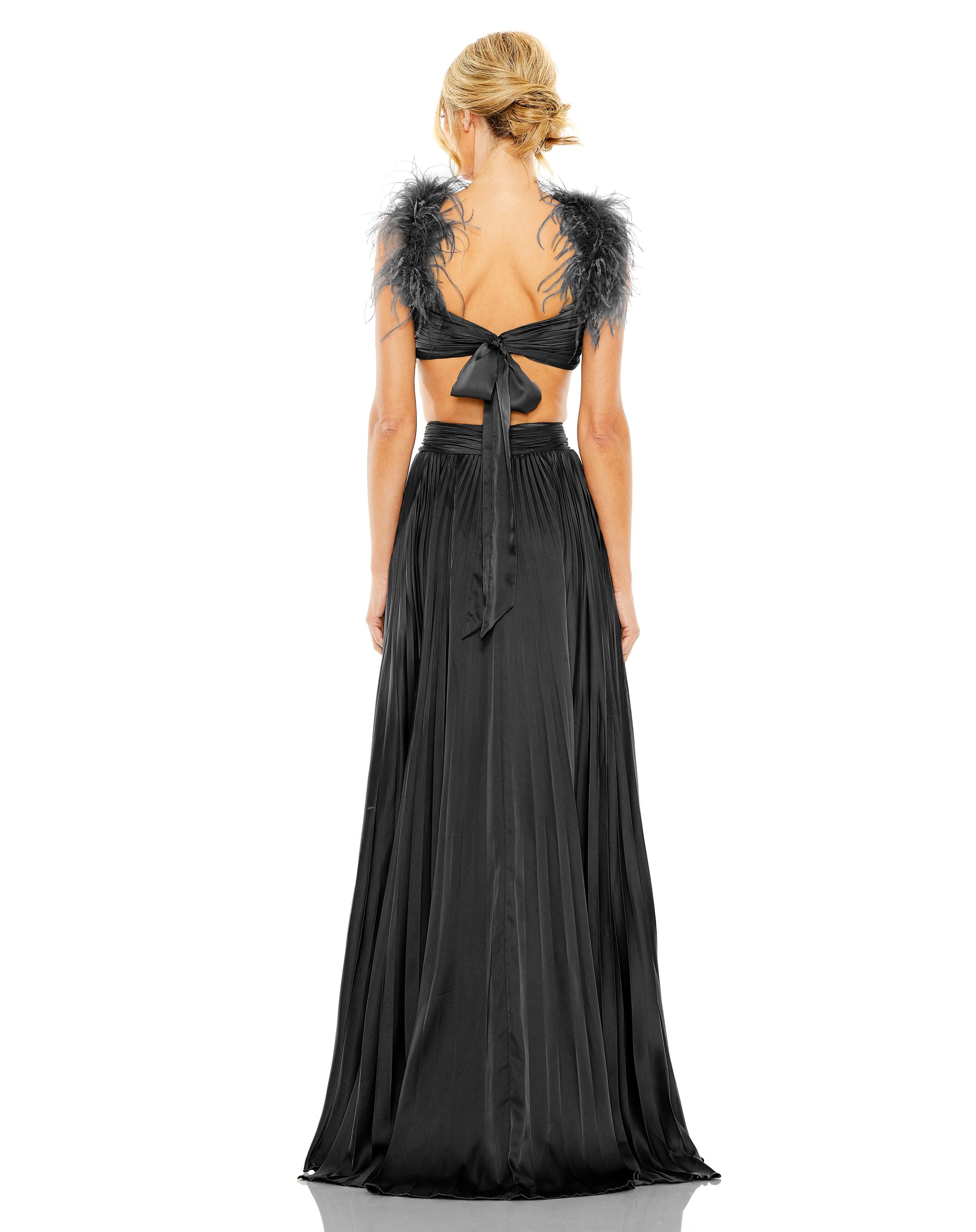 Pleated Feather Cap Sleeve Open Back Gown