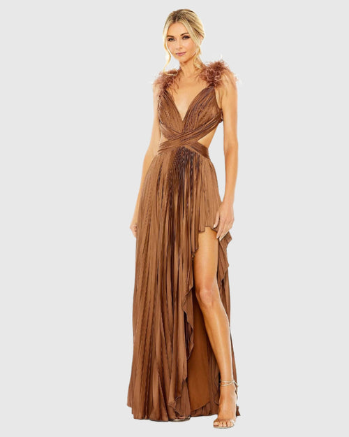 Pleated Feather Cap Sleeve Open Back Gown