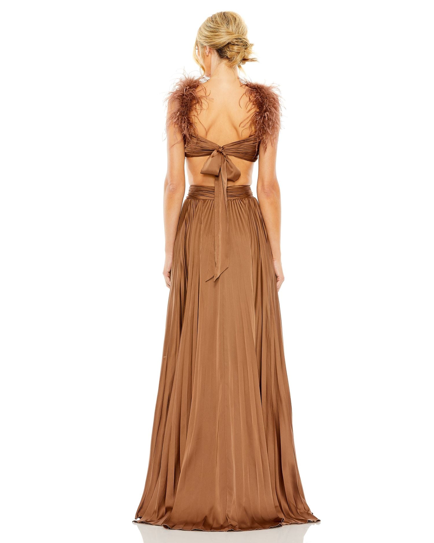 Pleated Feather Cap Sleeve Open Back Gown