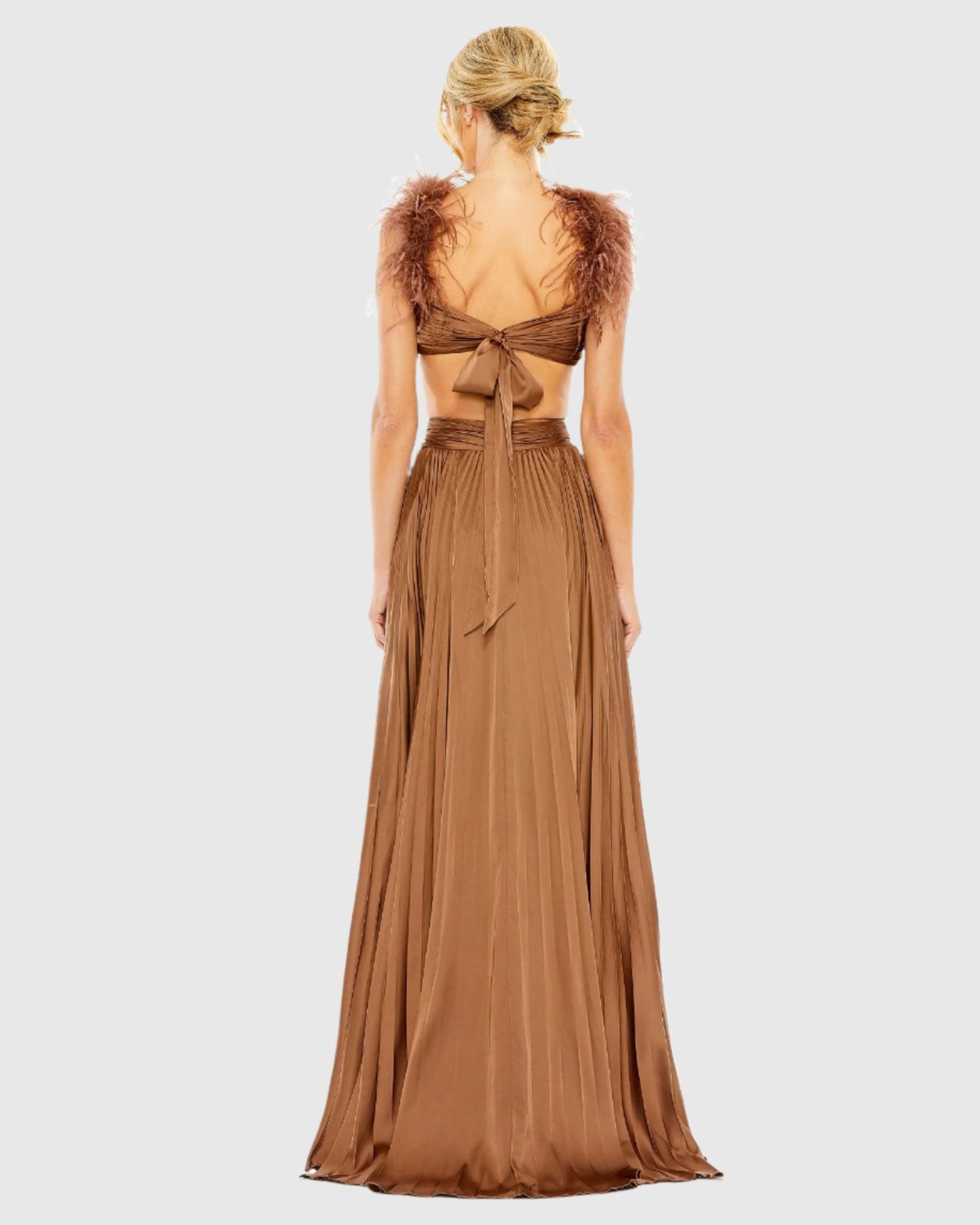 Pleated Feather Cap Sleeve Open Back Gown