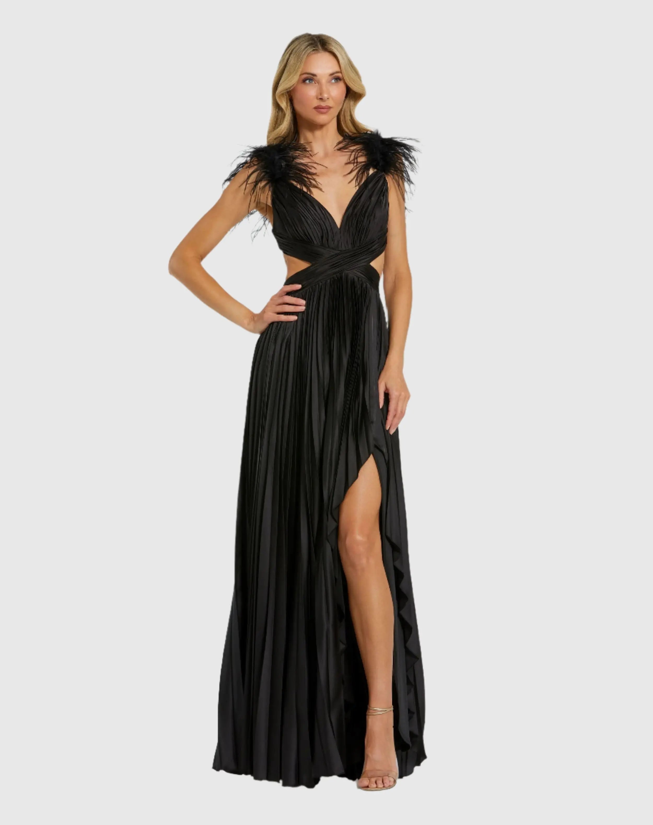 Black Pleated Feather Cap Sleeve Open Back Gown - Mac Duggal