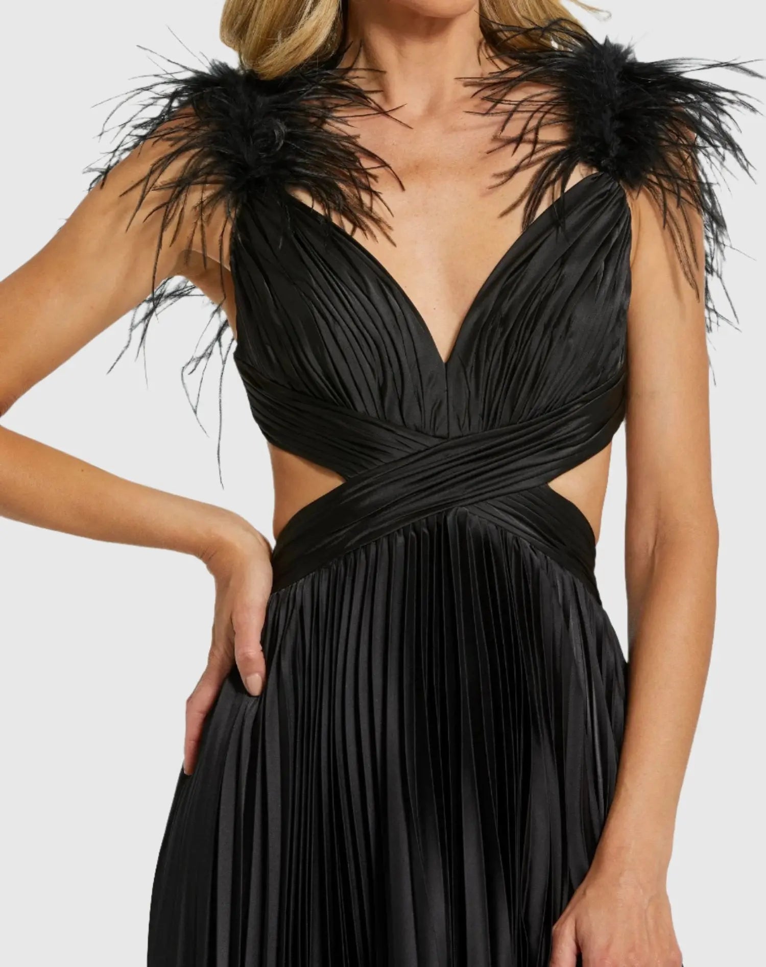 Black Pleated Feather Cap Sleeve Open Back Gown - Mac Duggal