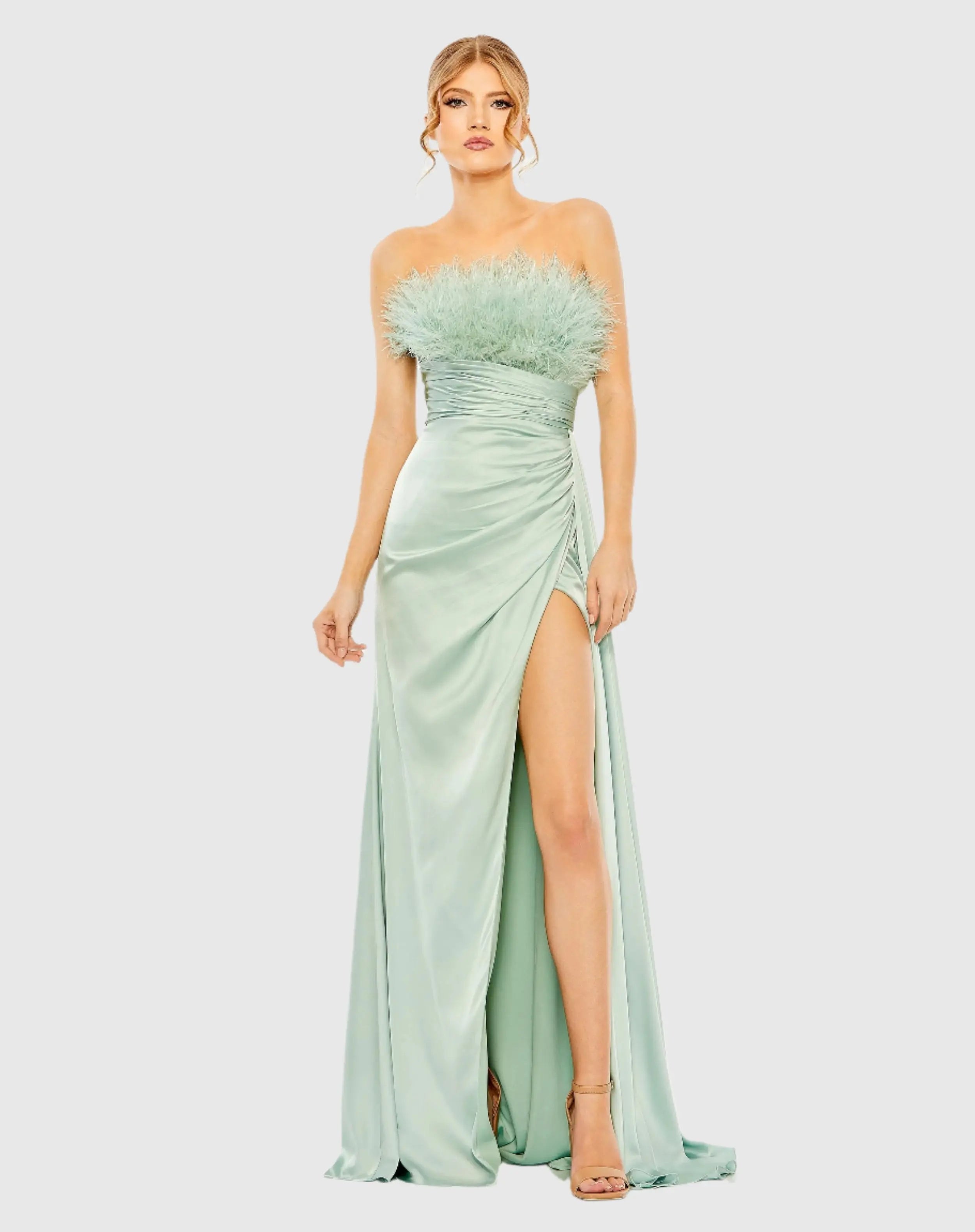 Green Strapless Feather Detail Satin Gown - Mac Duggal