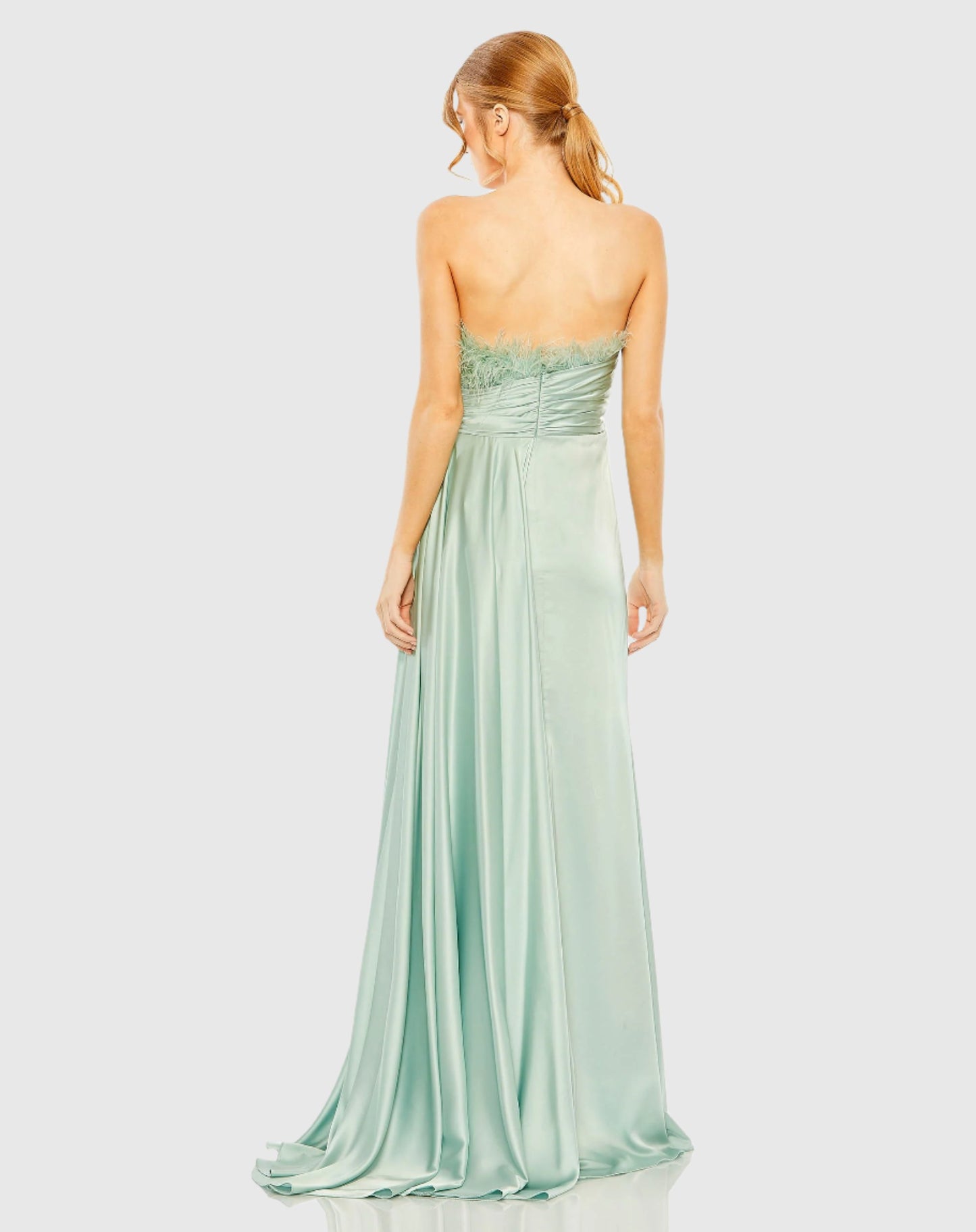 Strapless Feather Detail Satin Gown