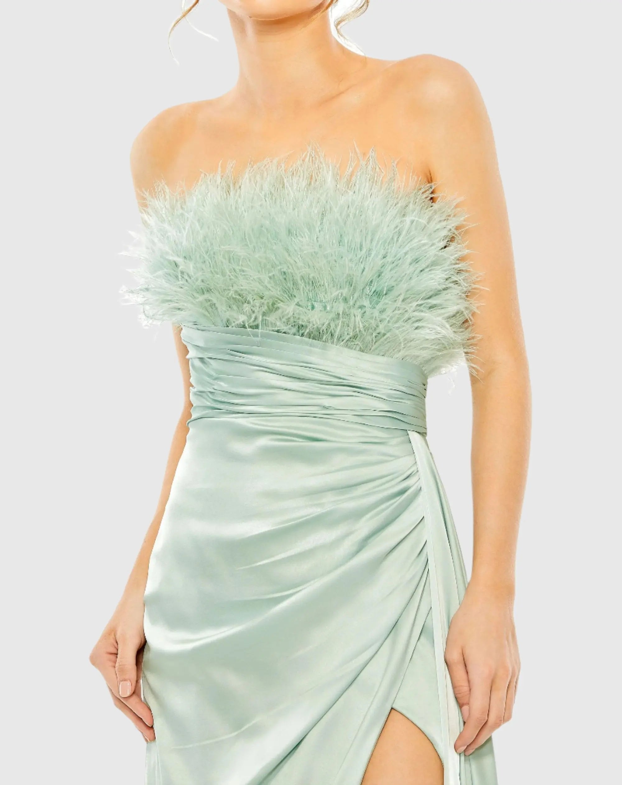 Green Strapless Feather Detail Satin Gown - Mac Duggal