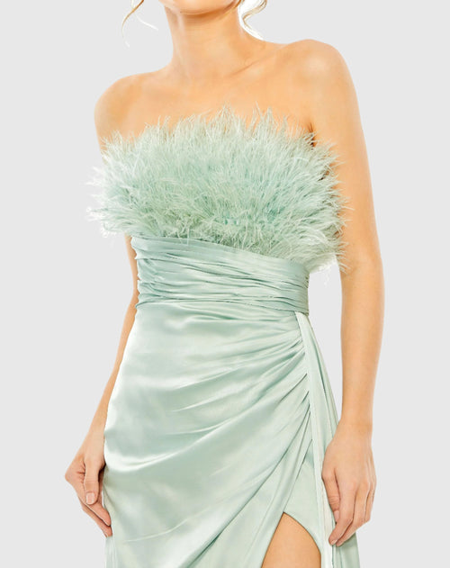 Strapless Feather Detail Satin Gown