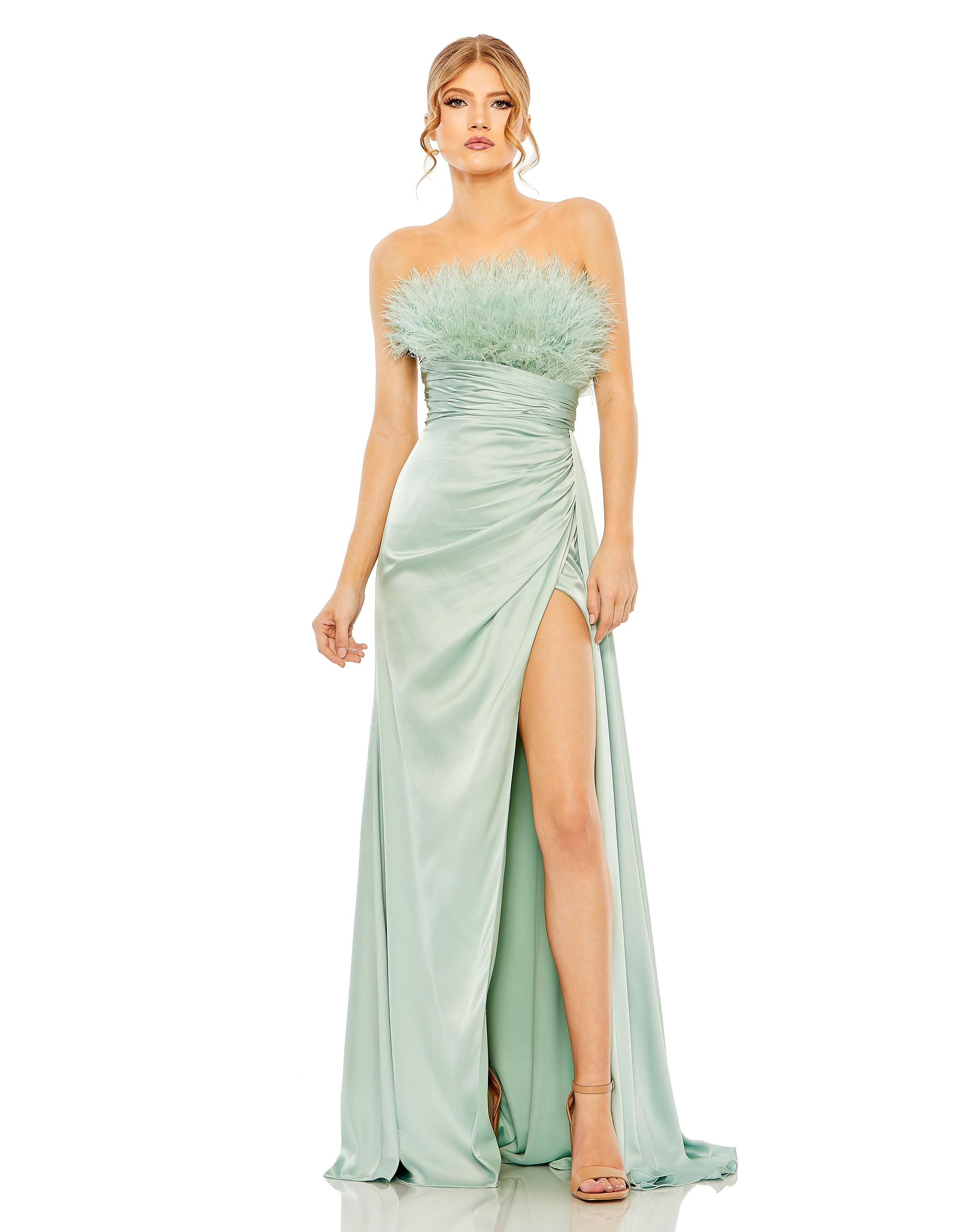 Strapless Feather Detail Satin Gown